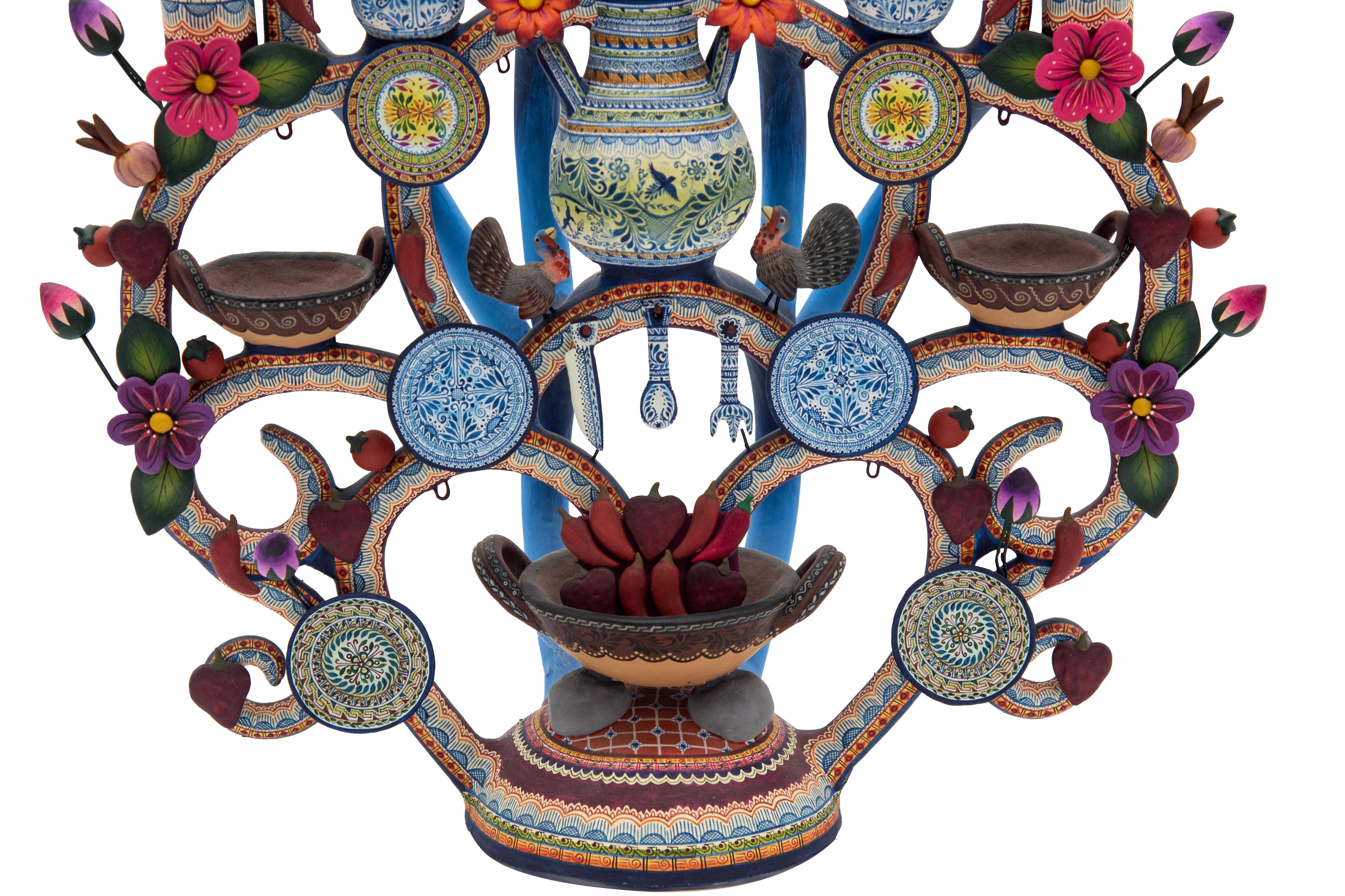 Hand-Painted Mexican Talavera Arbol De La Vida Colorful Folk Art Candelabra Ceramic Clay
