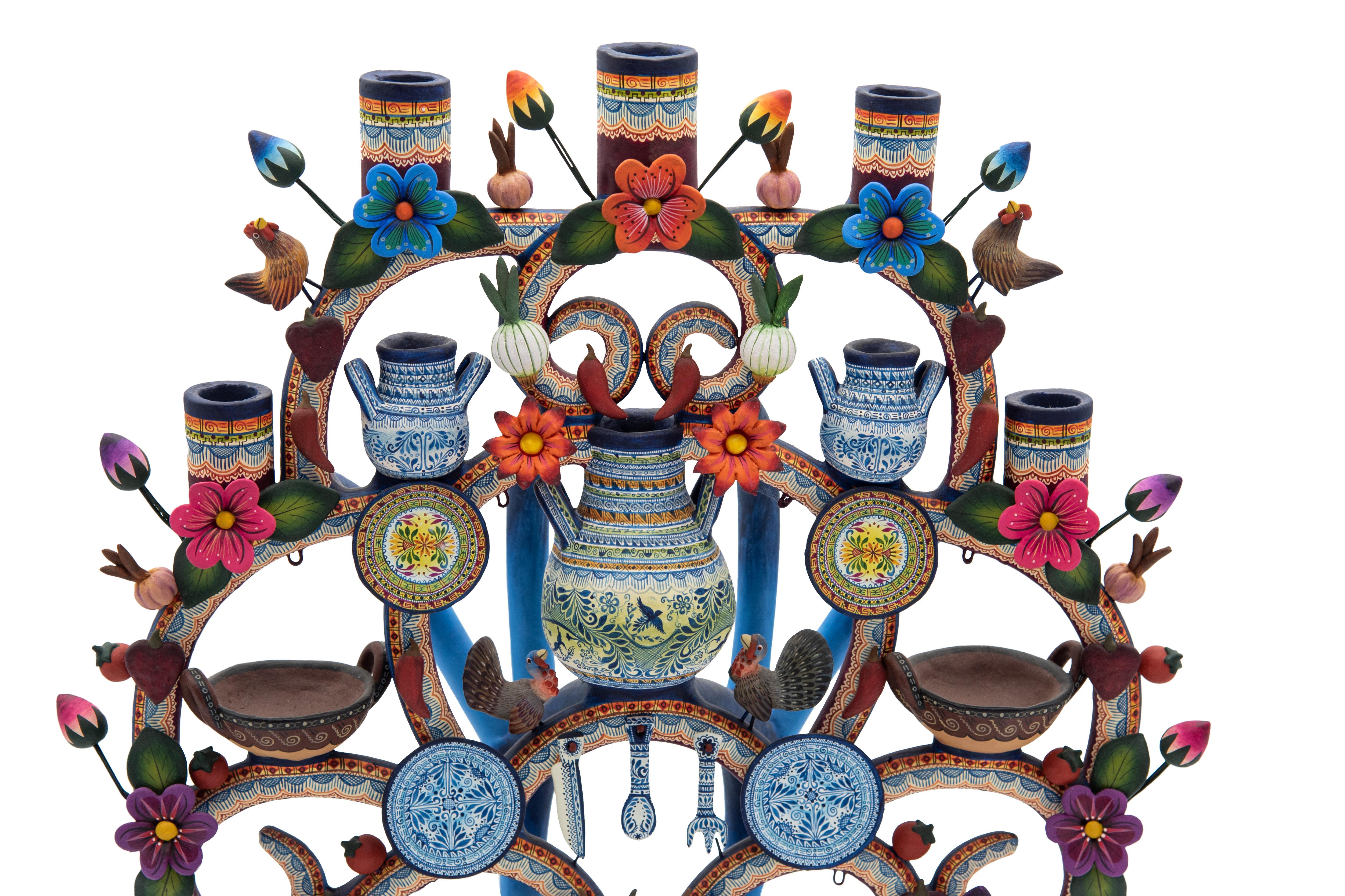 Mexican Talavera Arbol De La Vida Colorful Folk Art Candelabra Ceramic Clay In Excellent Condition For Sale In Queretaro, Queretaro