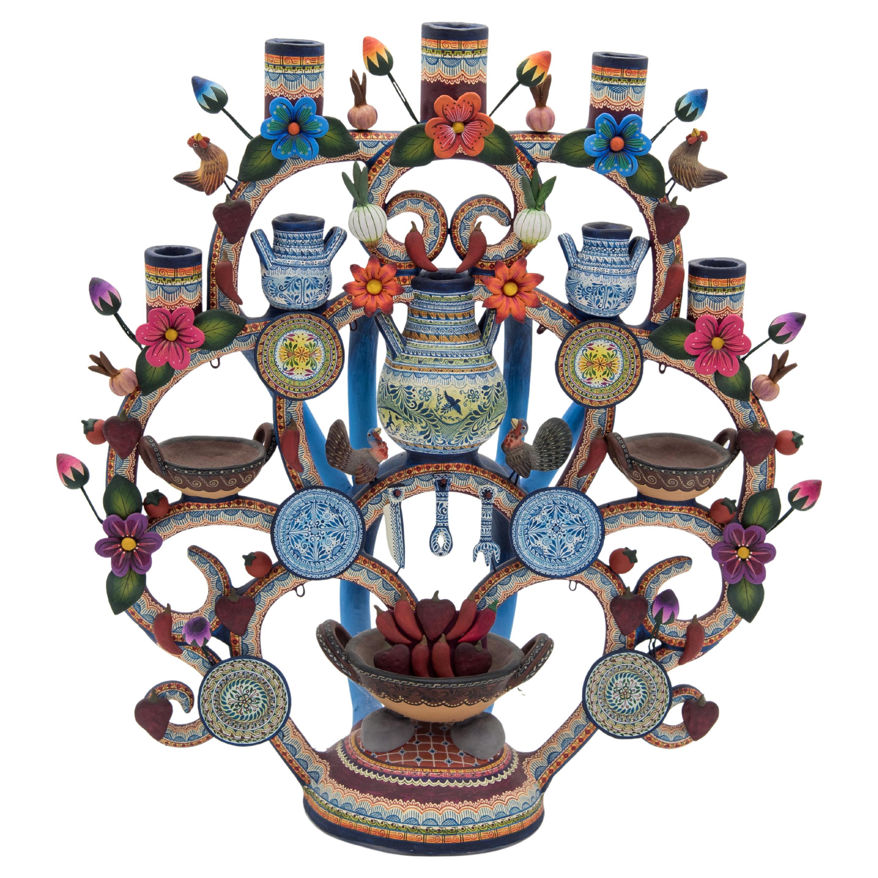 Mexican Talavera Arbol De La Vida Colorful Folk Art Candelabra Ceramic Clay