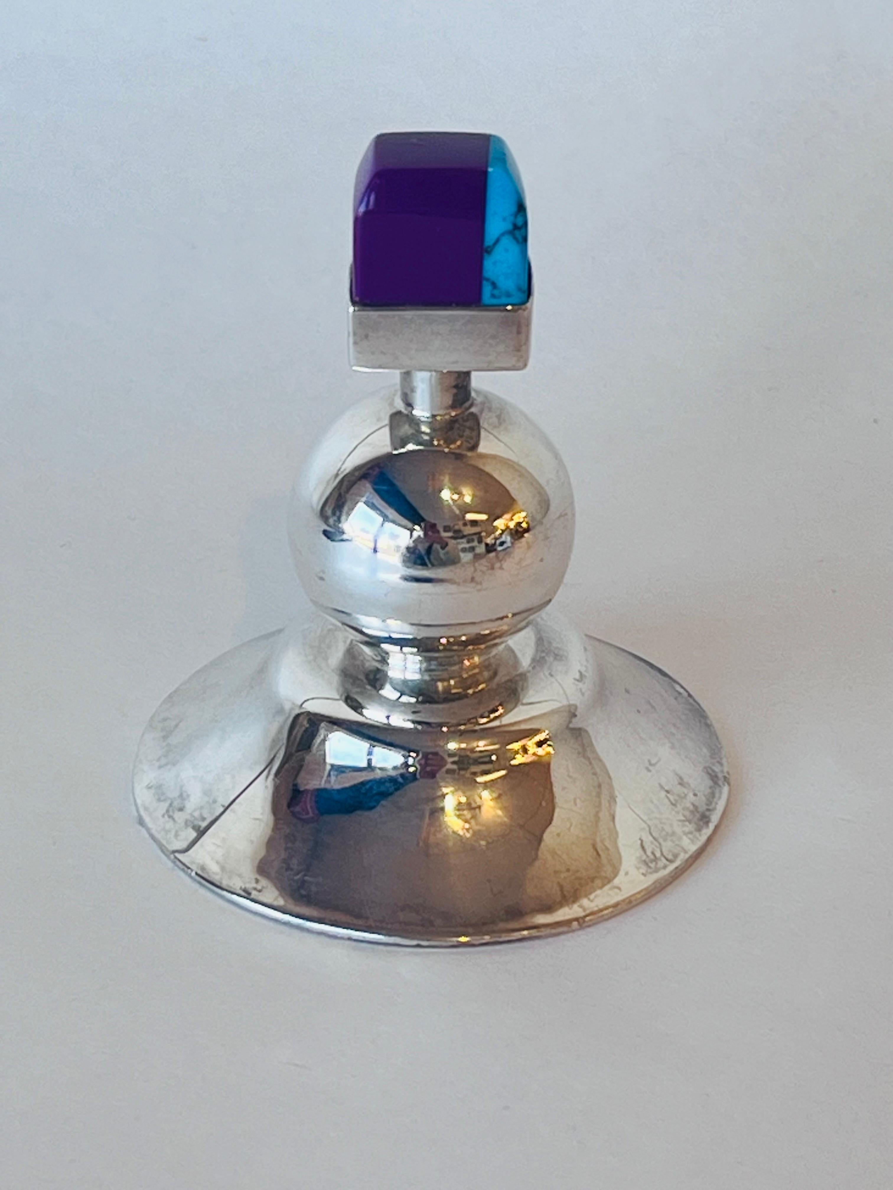 Mexican Taxco Sterling Silver Multi Colored Stopper Perfume Bottle Post Modern For Sale 6