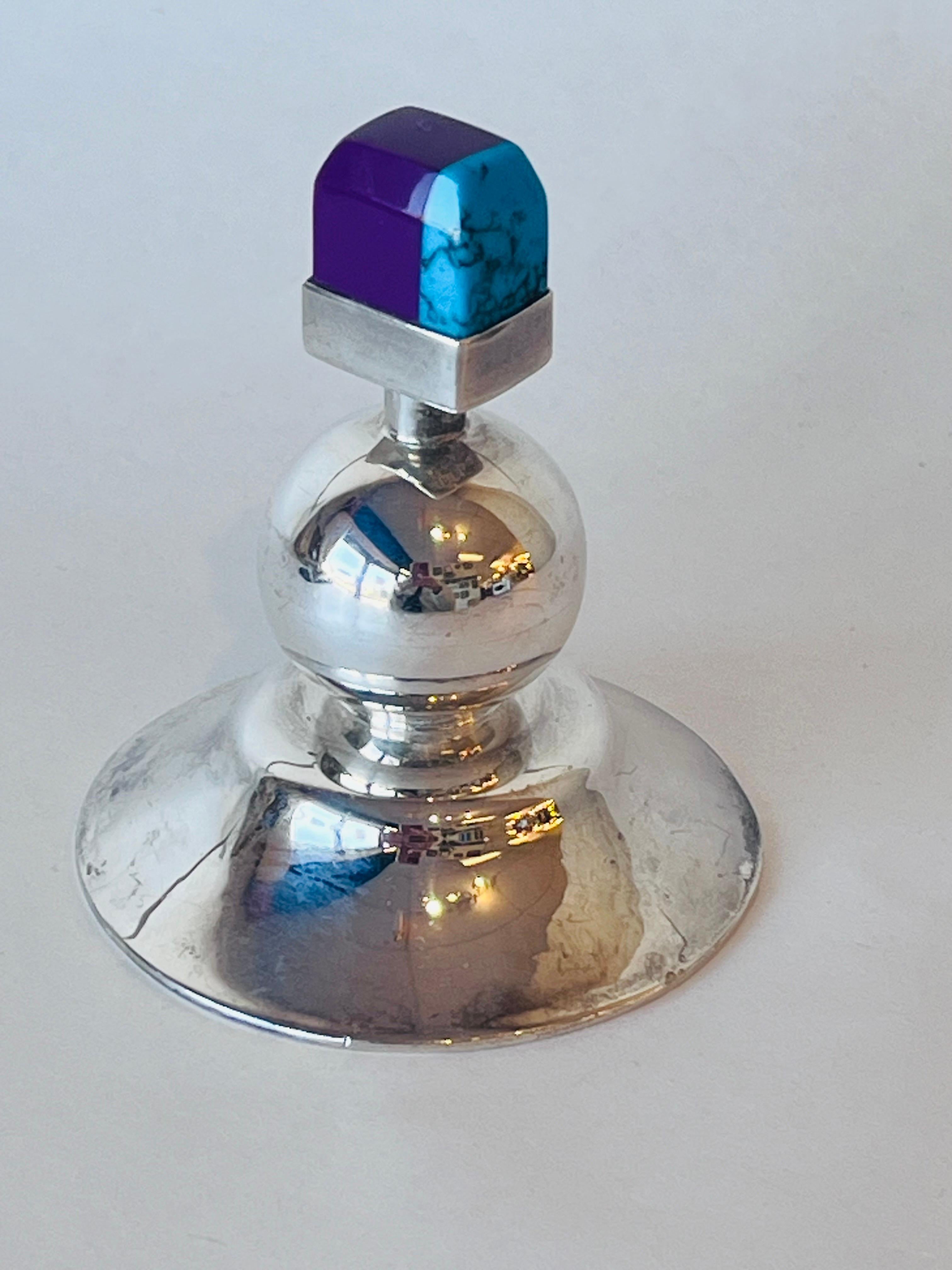 Mexican Taxco Sterling Silver Multi Colored Stopper Perfume Bottle Post Modern For Sale 7