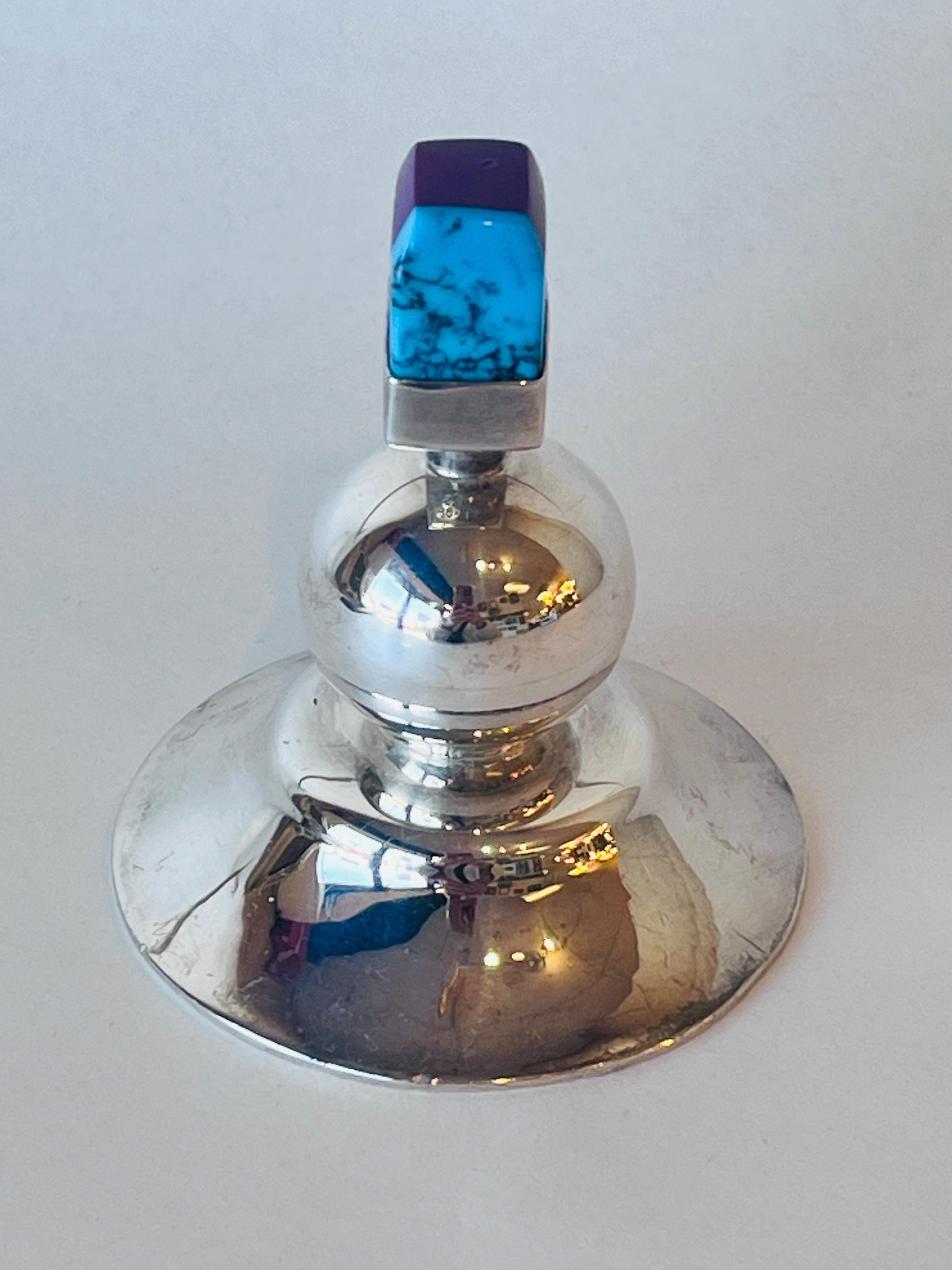 Mexican Taxco Sterling Silver Multi Colored Stopper Perfume Bottle Post Modern For Sale 8