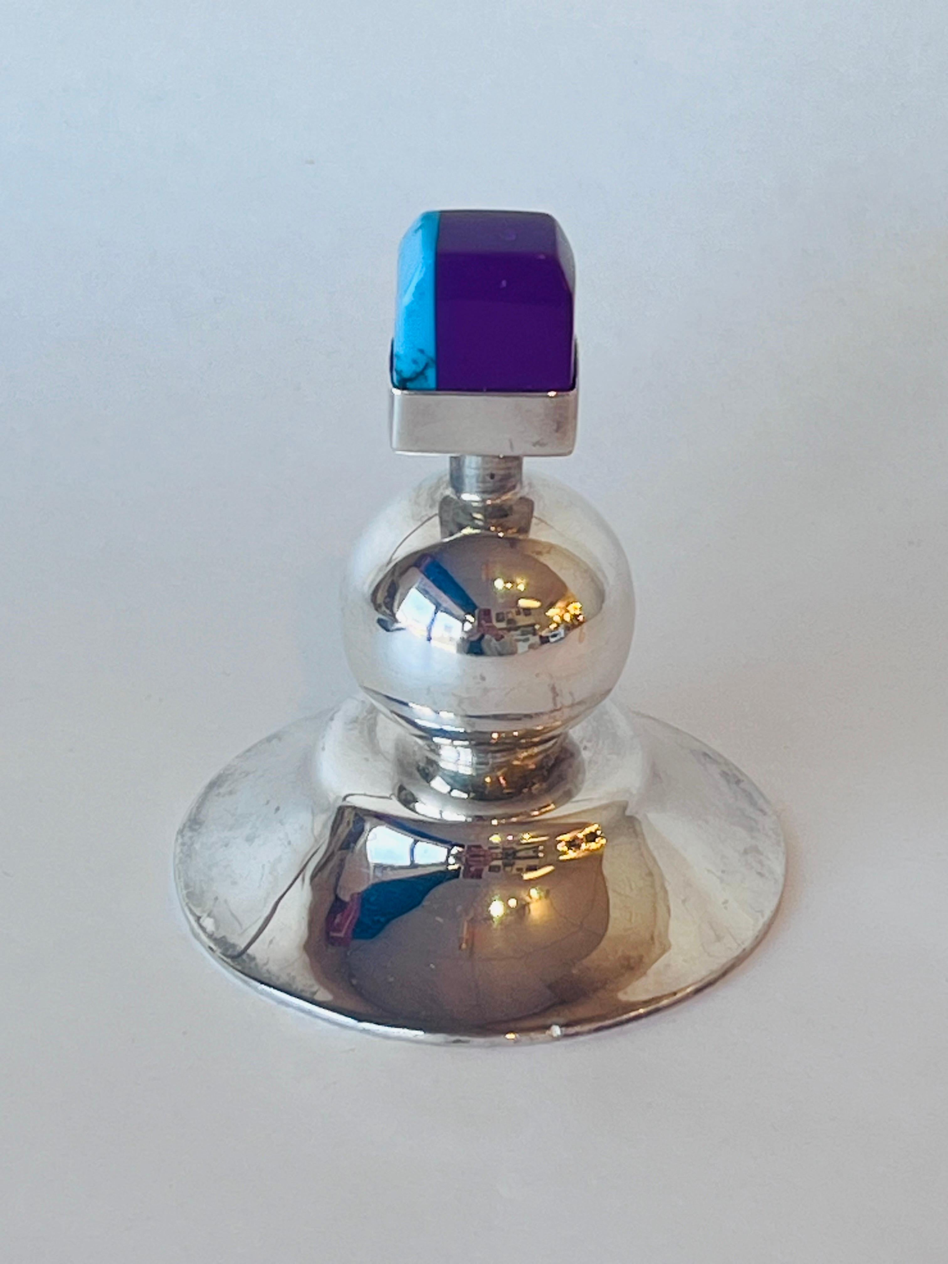 Mexican Taxco Sterling Silver Multi Colored Stopper Perfume Bottle Post Modern For Sale 9