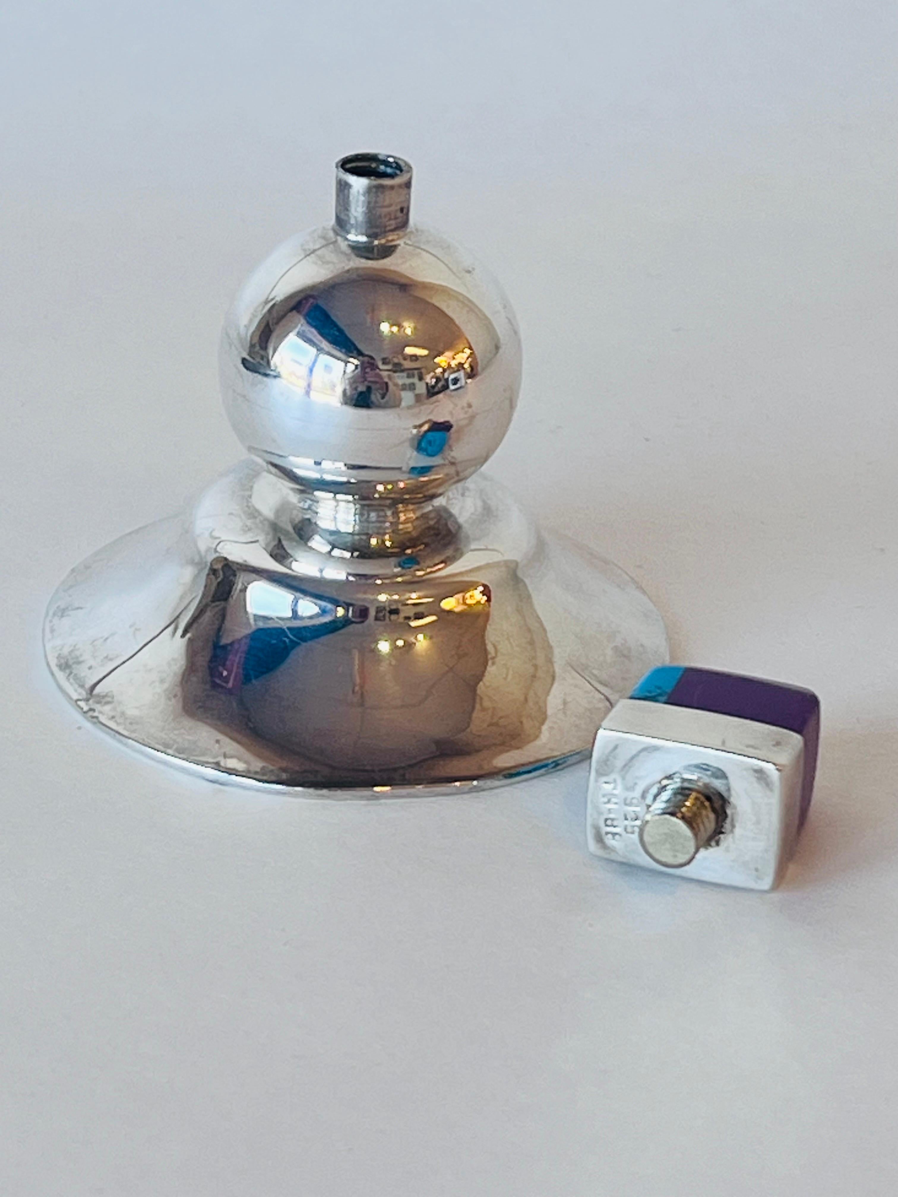 Mexican Taxco Sterling Silver Multi Colored Stopper Perfume Bottle Post Modern For Sale 3
