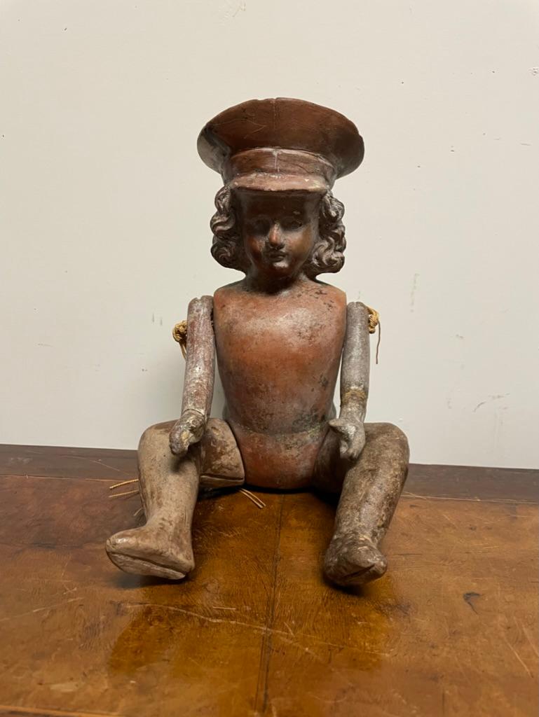 Folk Art Mexican Terracotta Articulated Doll Figure Wearing a Military Hat For Sale