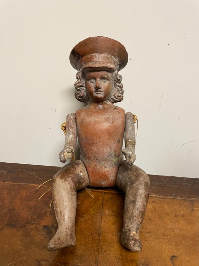 Cast Mexican Terracotta Articulated Doll Figure Wearing a Military Hat For Sale
