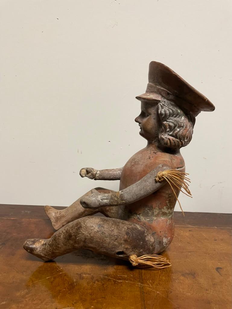 Mexican Terracotta Articulated Doll Figure Wearing a Military Hat For Sale 2