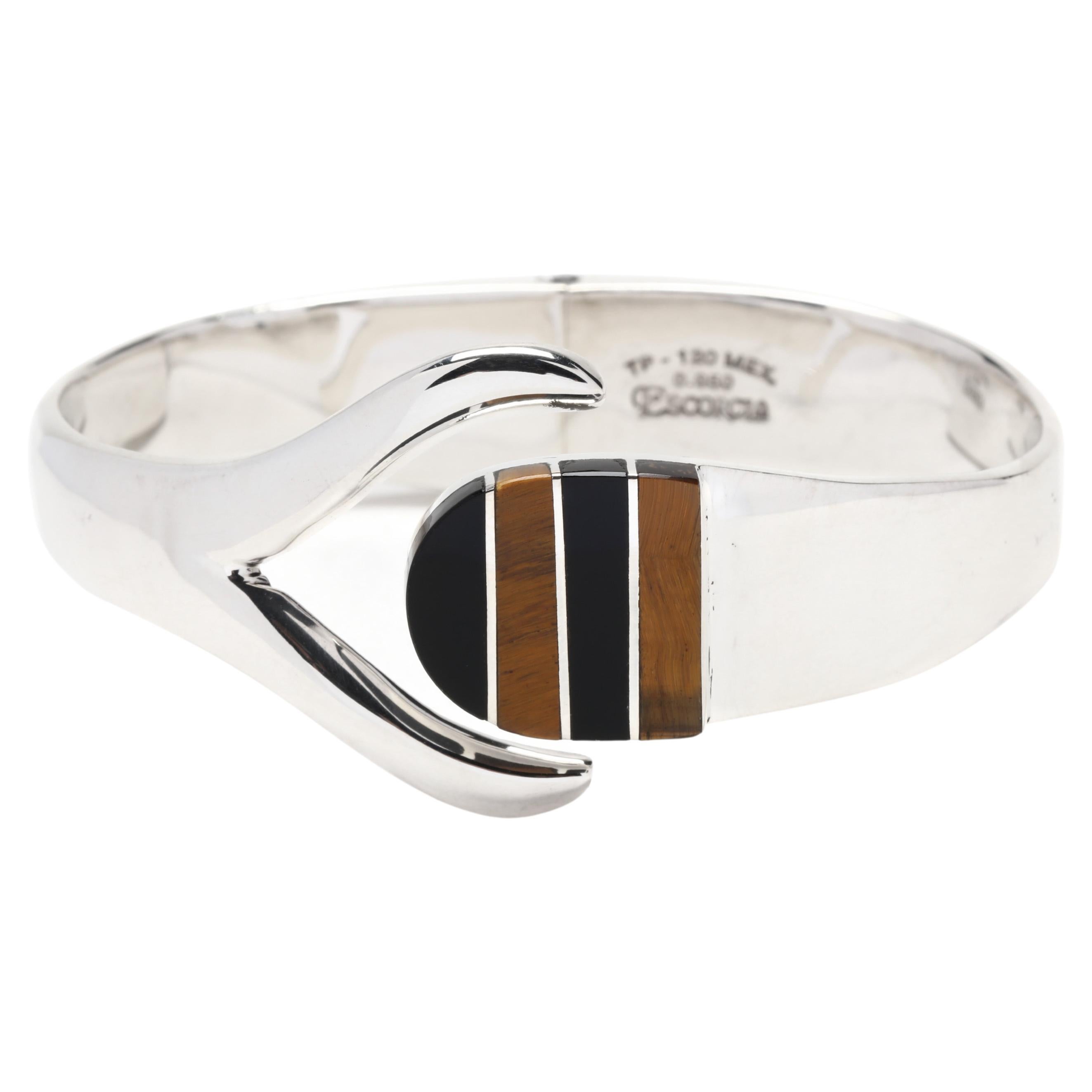 Mexican Tiger's Eye Black Onyx Inlaid Hinged Bangle Bracelet, Sterling Silver