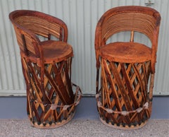 Mexican Tlaquepaque  Bar Stools in Leather and Wood - Pair