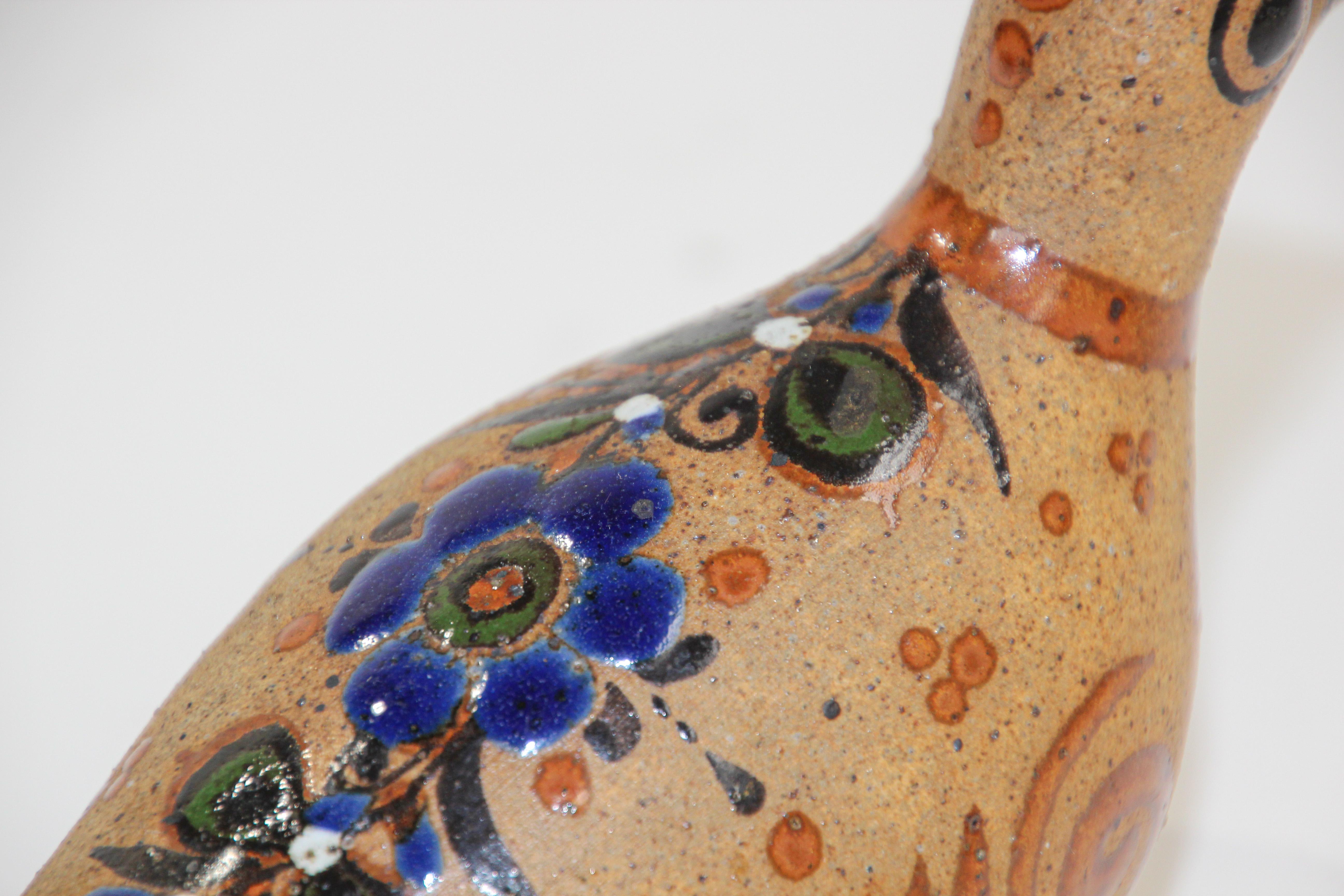 20th Century Mexican Tonala Pottery Hand Painted Bird Folk Art For Sale