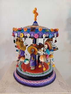 Mexican Toy Carrousel Folk Art Colorful Day of the Death Antique Style Skeletons