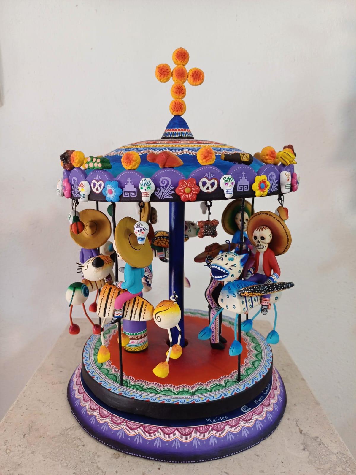North American Mexican Toy Carrousel Folk Art Colorful Day of the Death Antique Style Skeletons For Sale