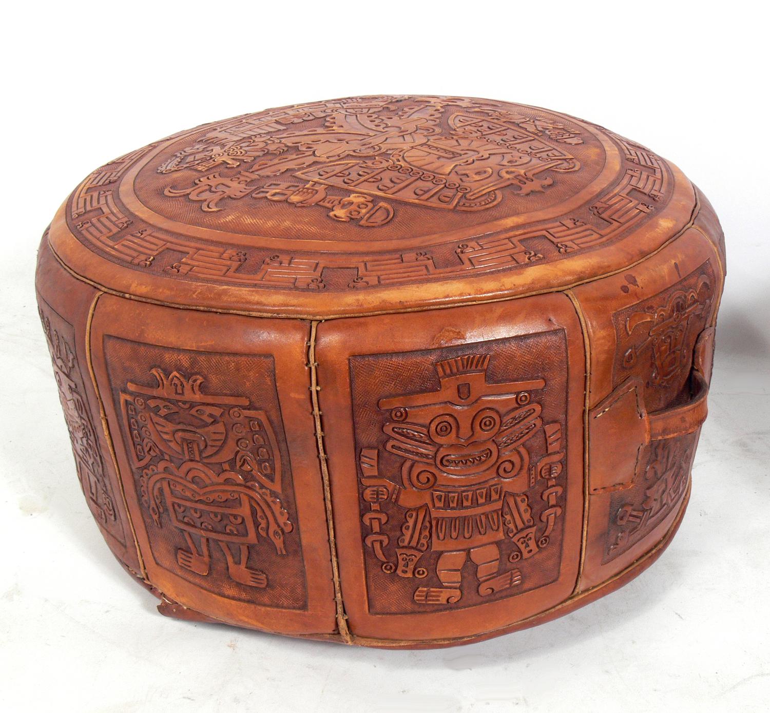 Mid-Century Modern Mexican Tribal Decoration Leather Stools