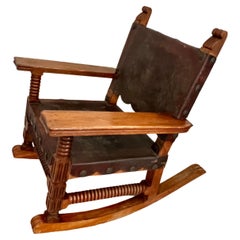 Sedia a dondolo messicana in Wood Wood, pelle e bronzo del 1940 circa