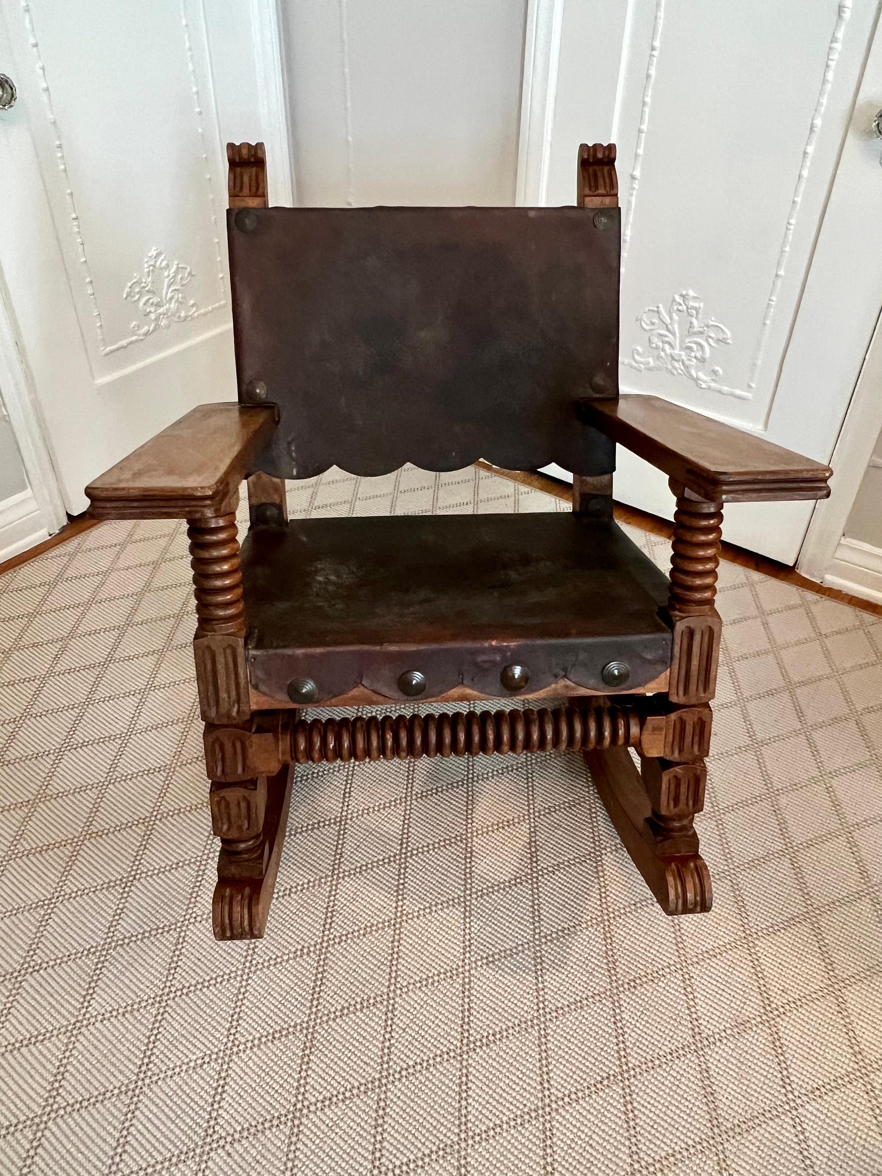 Hand-Crafted Mexican Venadillo Wood, Leather and Bronze Rocking Chair circa 1940 For Sale