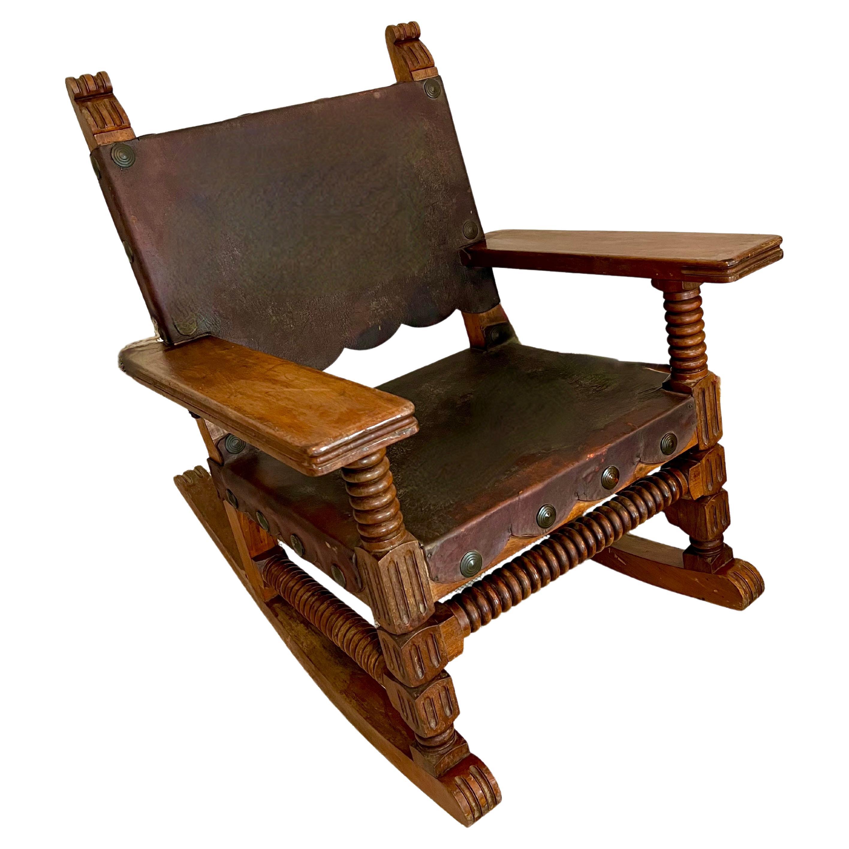 Mexican Venadillo Wood, Leather and Bronze Rocking Chair circa 1940 For Sale