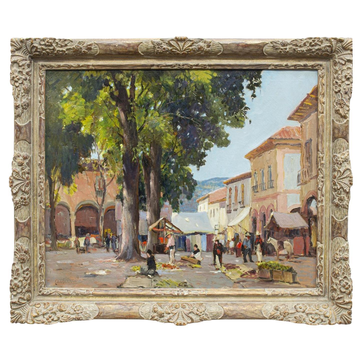 Mexican Village Square By Anthony Thieme (1888-1954) For Sale