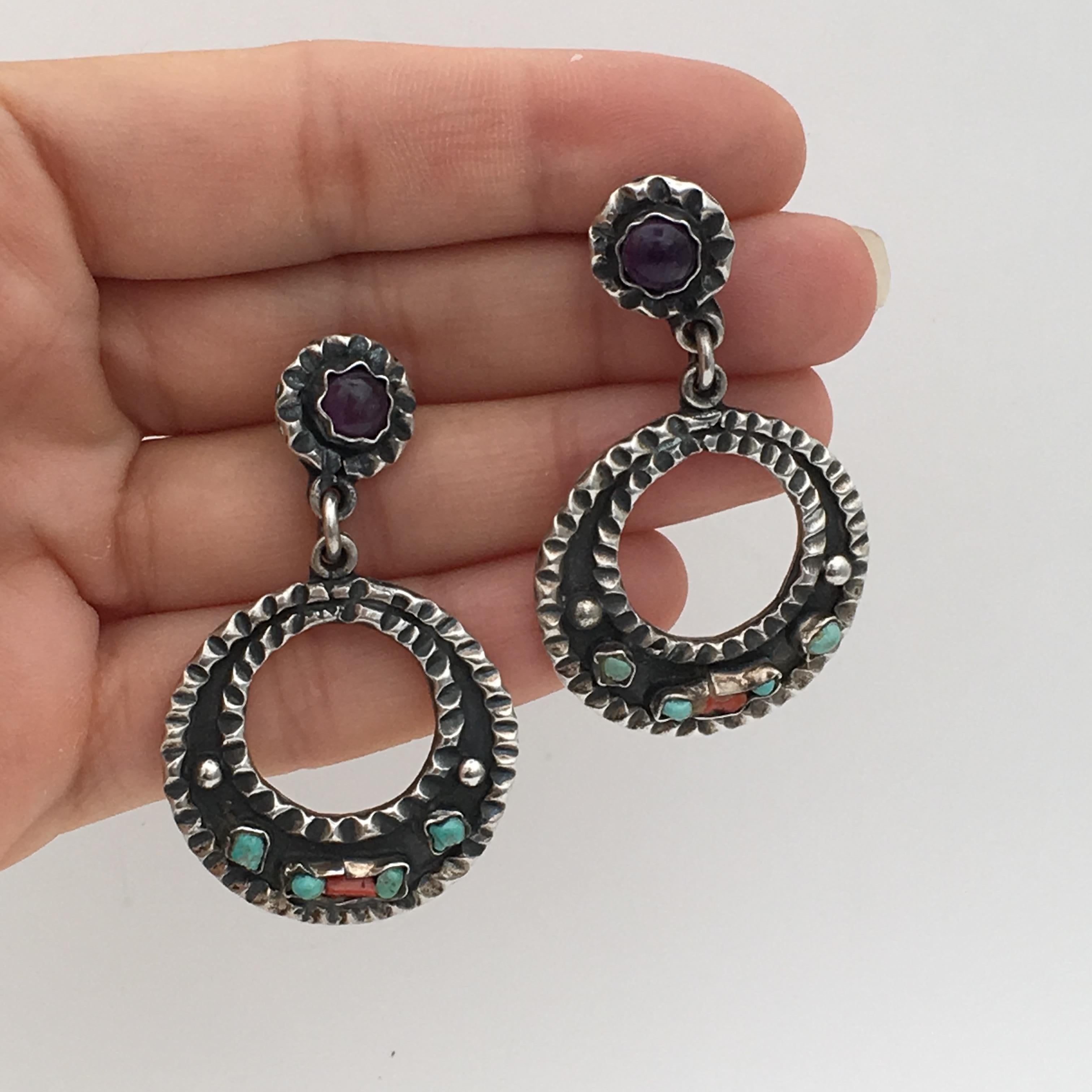 Women's Mexican Vintage Jewelry Taxco Sterling Silver Gemstone Hoop Earrings Artisan For Sale