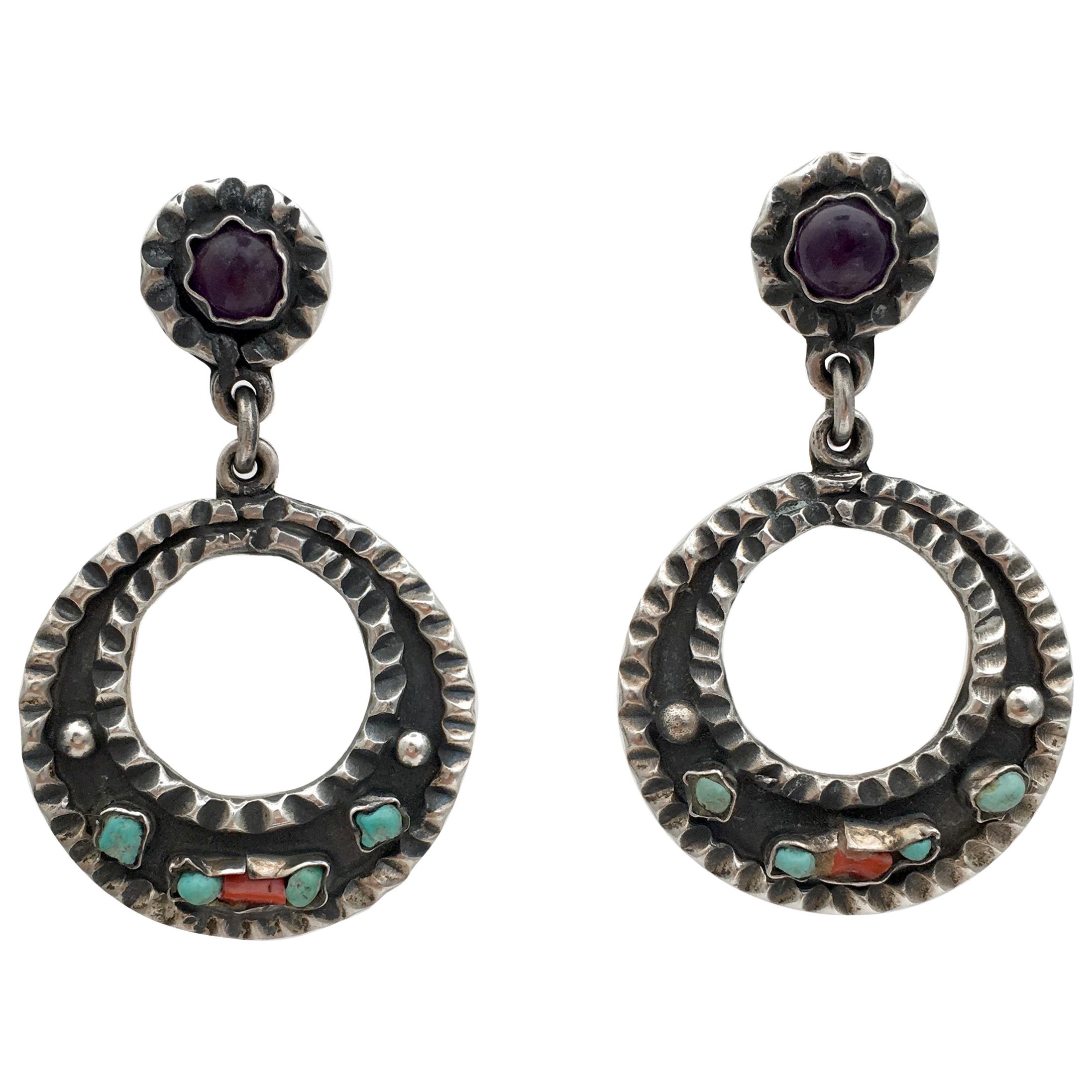 Mexican Vintage Jewelry Taxco Sterling Silver Gemstone Hoop Earrings Artisan For Sale
