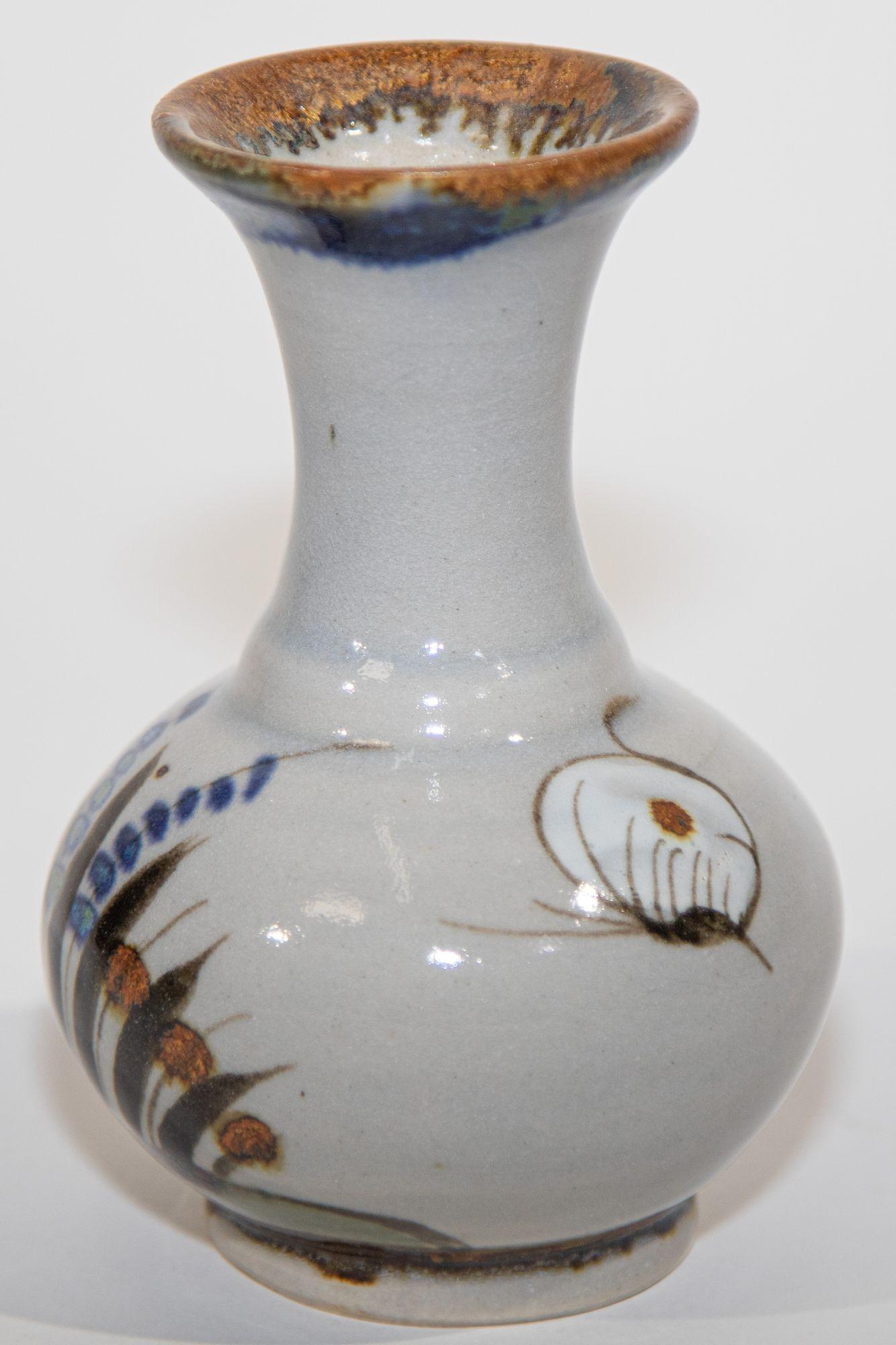 Mexican Vintage Ken Edwards Tonala Pottery Hand Painted Blue Vase In Good Condition In North Hollywood, CA