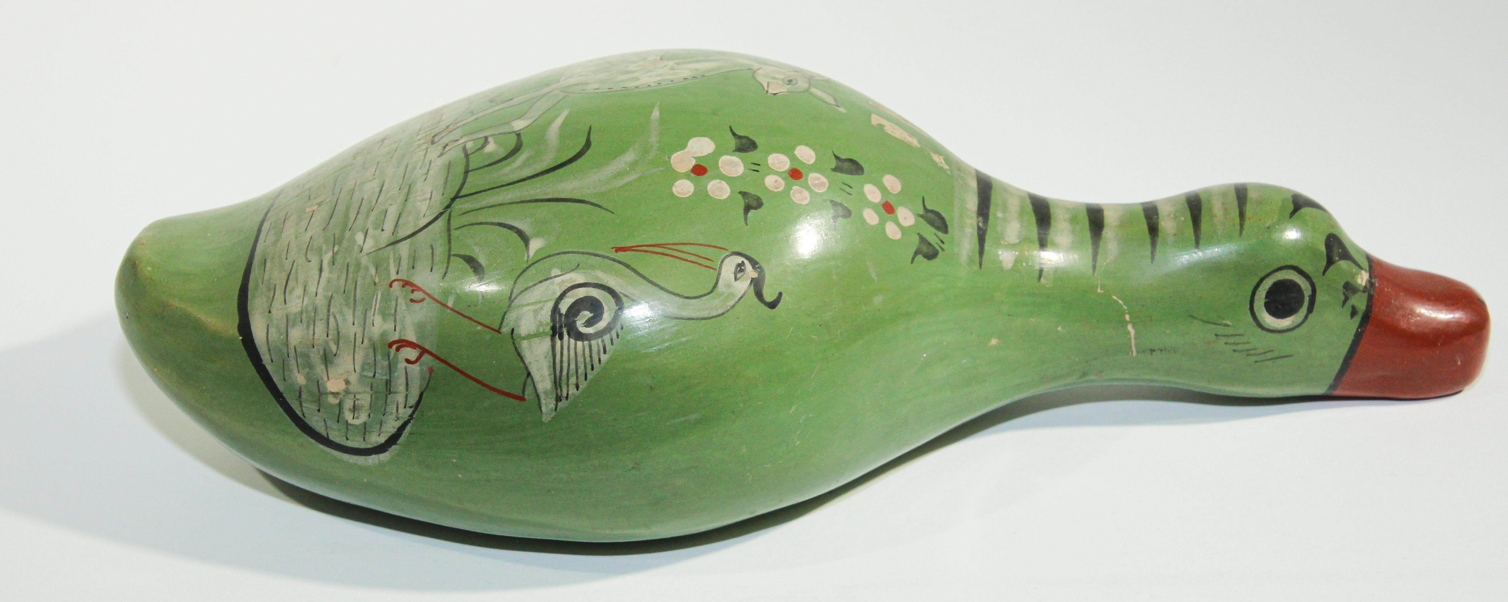 Mexican Vintage Tonala Pottery Hand Painted Green Duck For Sale 8