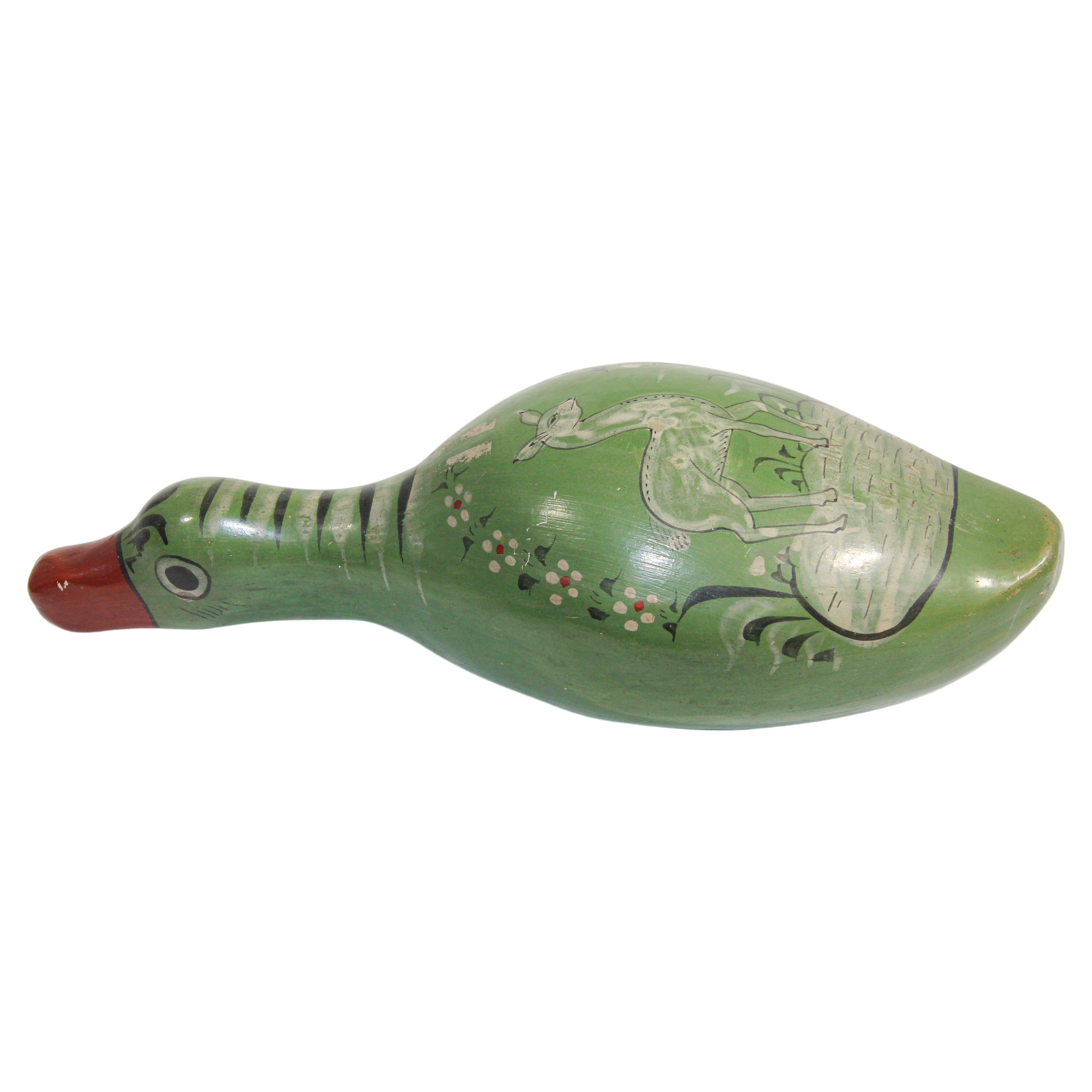Mexican Vintage Tonala Pottery Hand Painted Green Duck For Sale