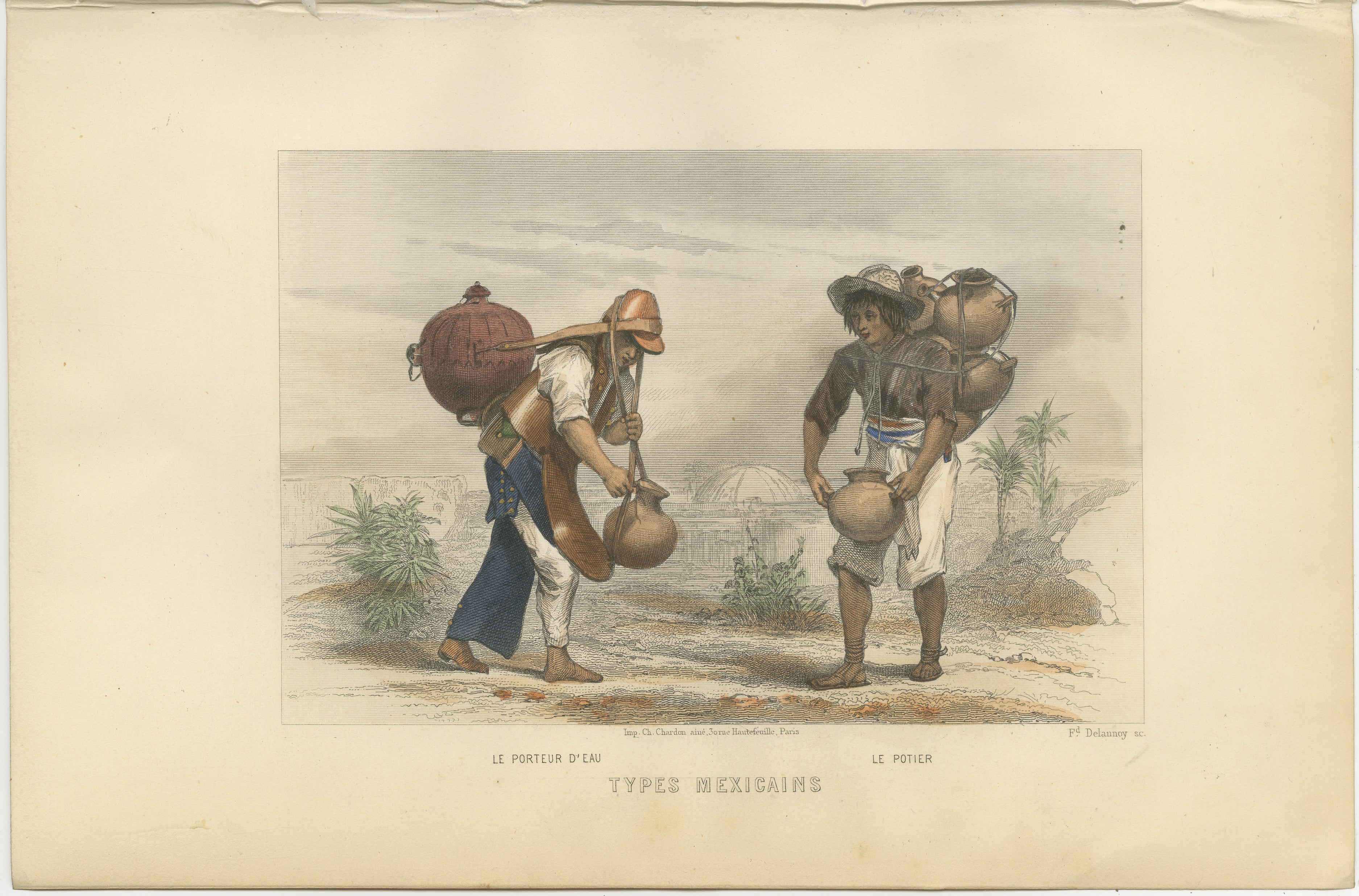 Mexikanischer Wasserträger und Töpfer - Handkolorierter Kupferstich, Énault, 1867

Dieser detailreiche handkolorierte Stich aus dem 19. Jahrhundert zeigt zwei traditionelle mexikanische Handwerker: den Wasserträger (porteur d'eau) und den Töpfer