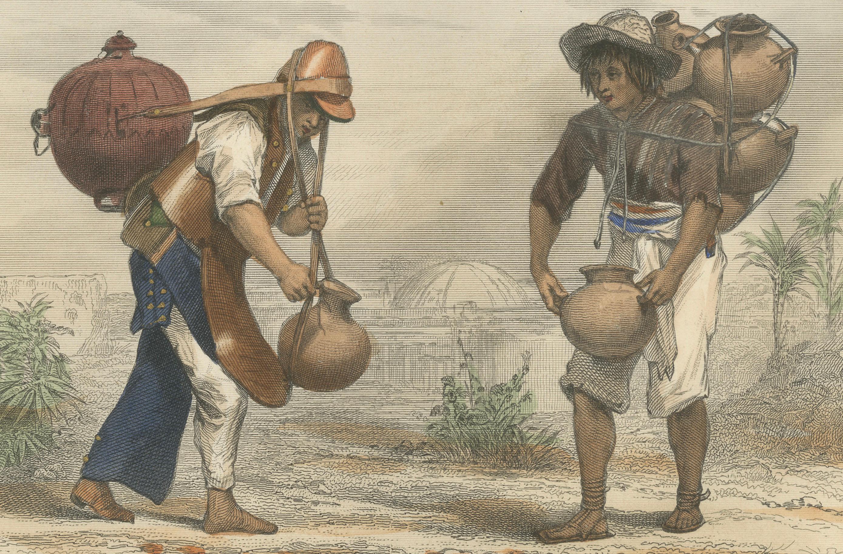 Mexikanischer Wasserträger und Töpfer - Handkolorierter Kupferstich, Énault, 1867 (Französisch) im Angebot