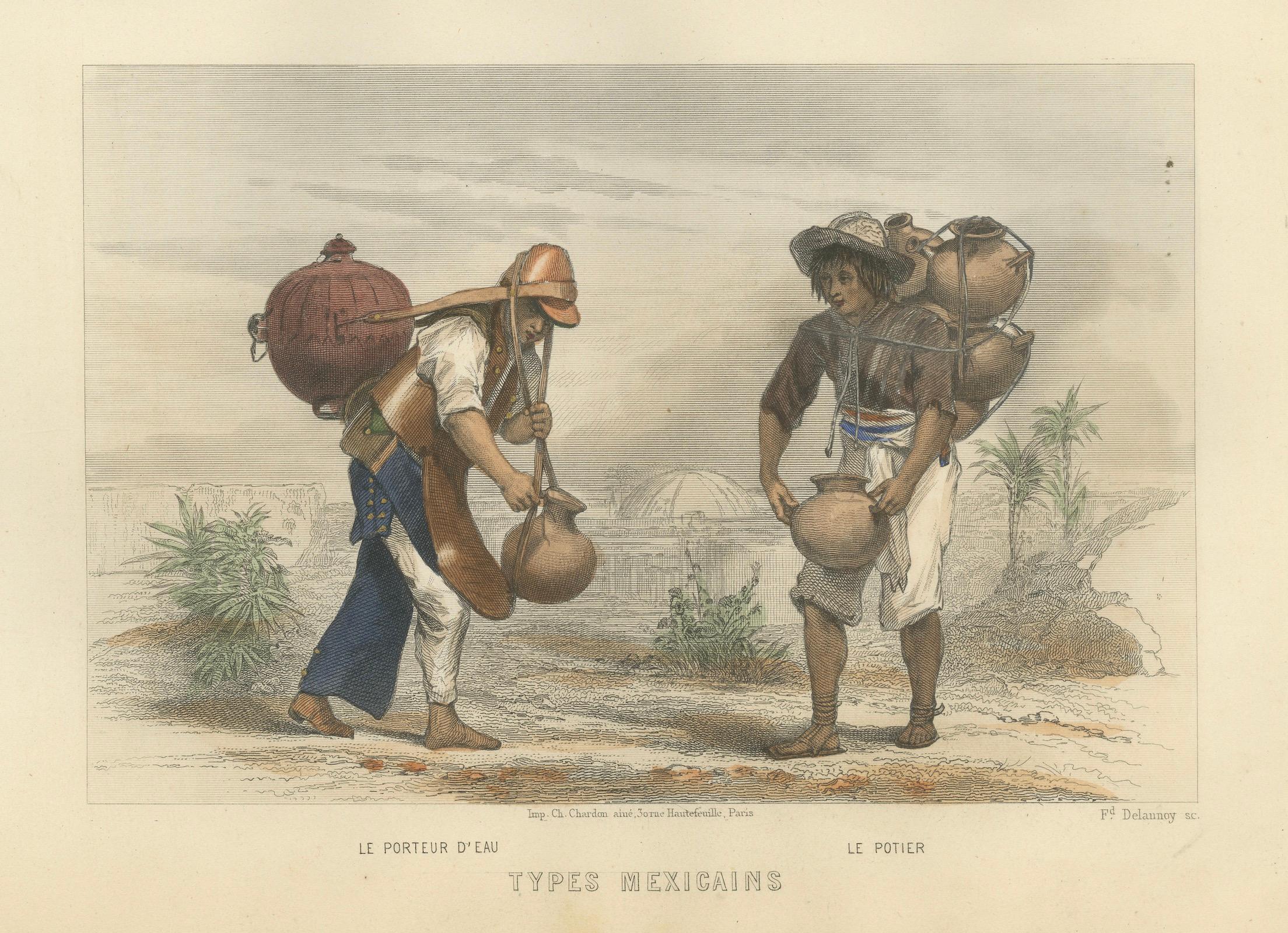 Mexikanischer Wassertr�äger und Töpfer - Handkolorierter Kupferstich, Énault, 1867 (Graviert) im Angebot