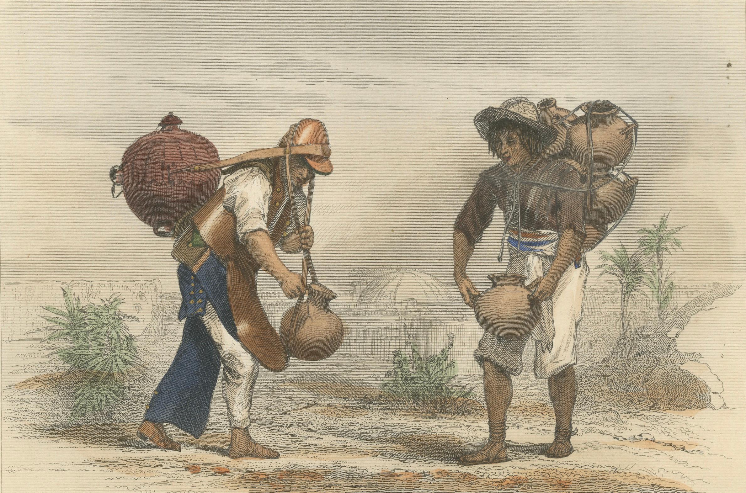 Mexikanischer Wasserträger und Töpfer - Handkolorierter Kupferstich, Énault, 1867 im Zustand „Gut“ im Angebot in Langweer, NL