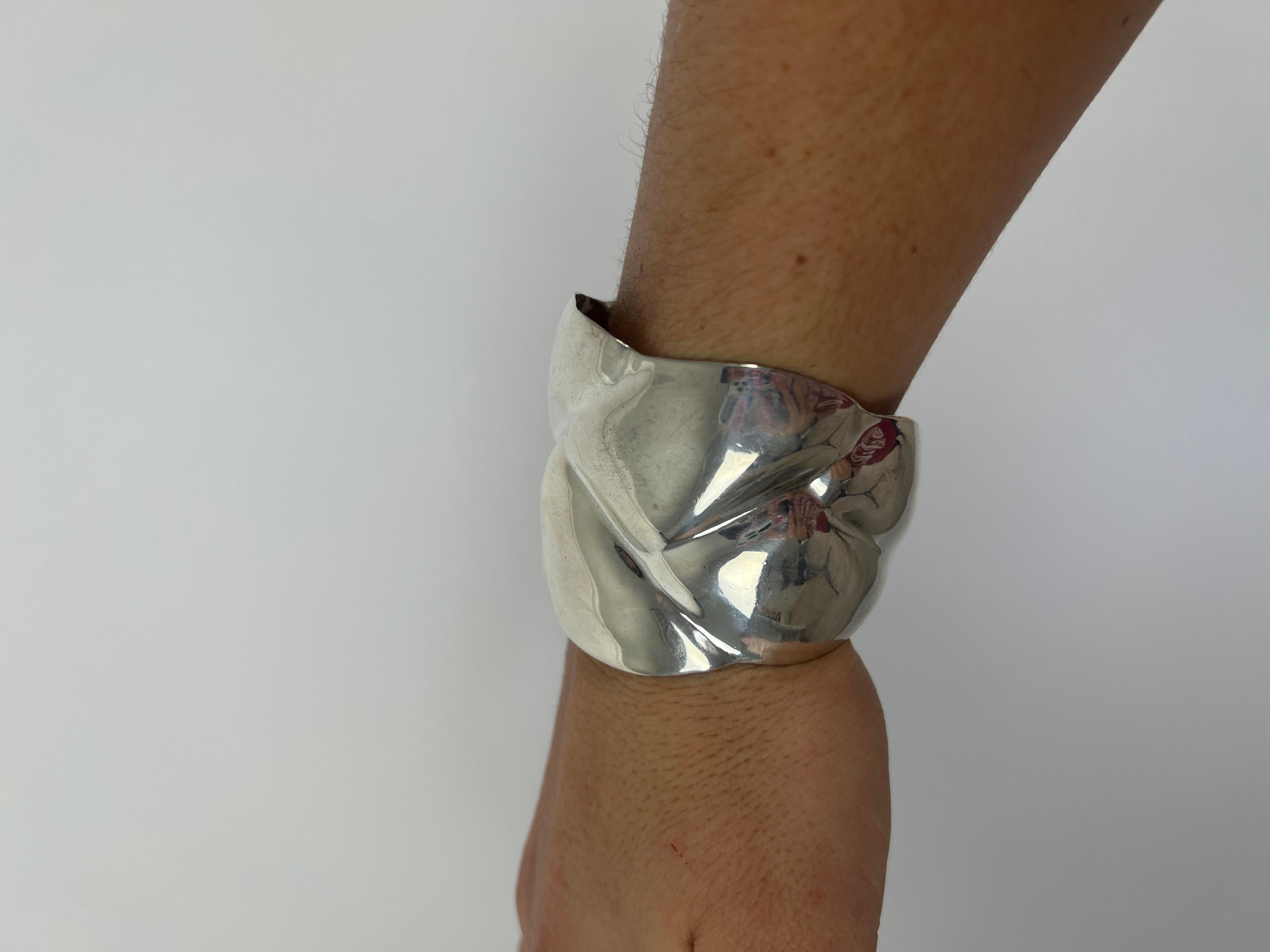 Mexican Wide Sculptural Cuff Bracelet, Sterling Silver, Wide 3