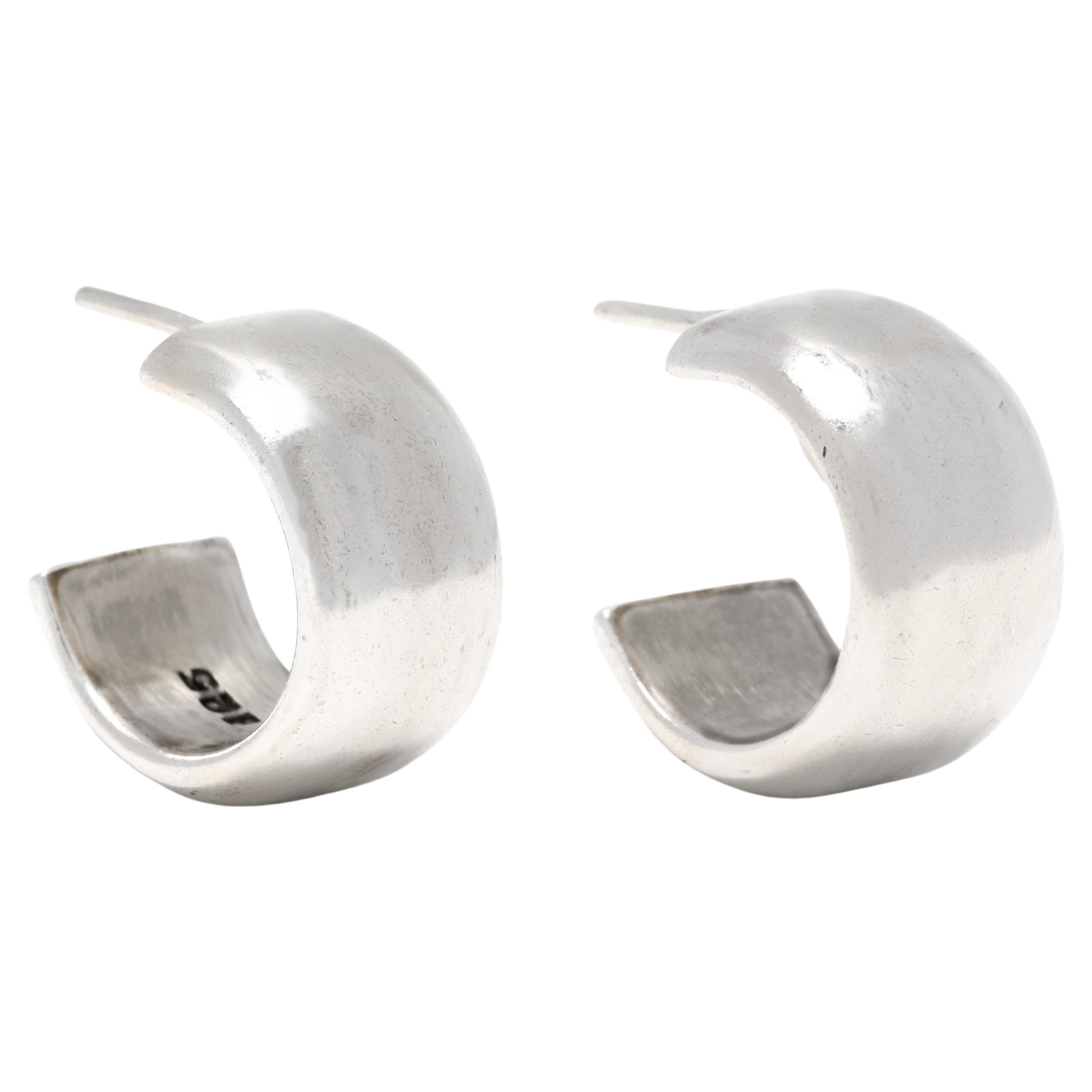 Mexican Wide Silver Huggie Hoop Earrings, Sterling Silver