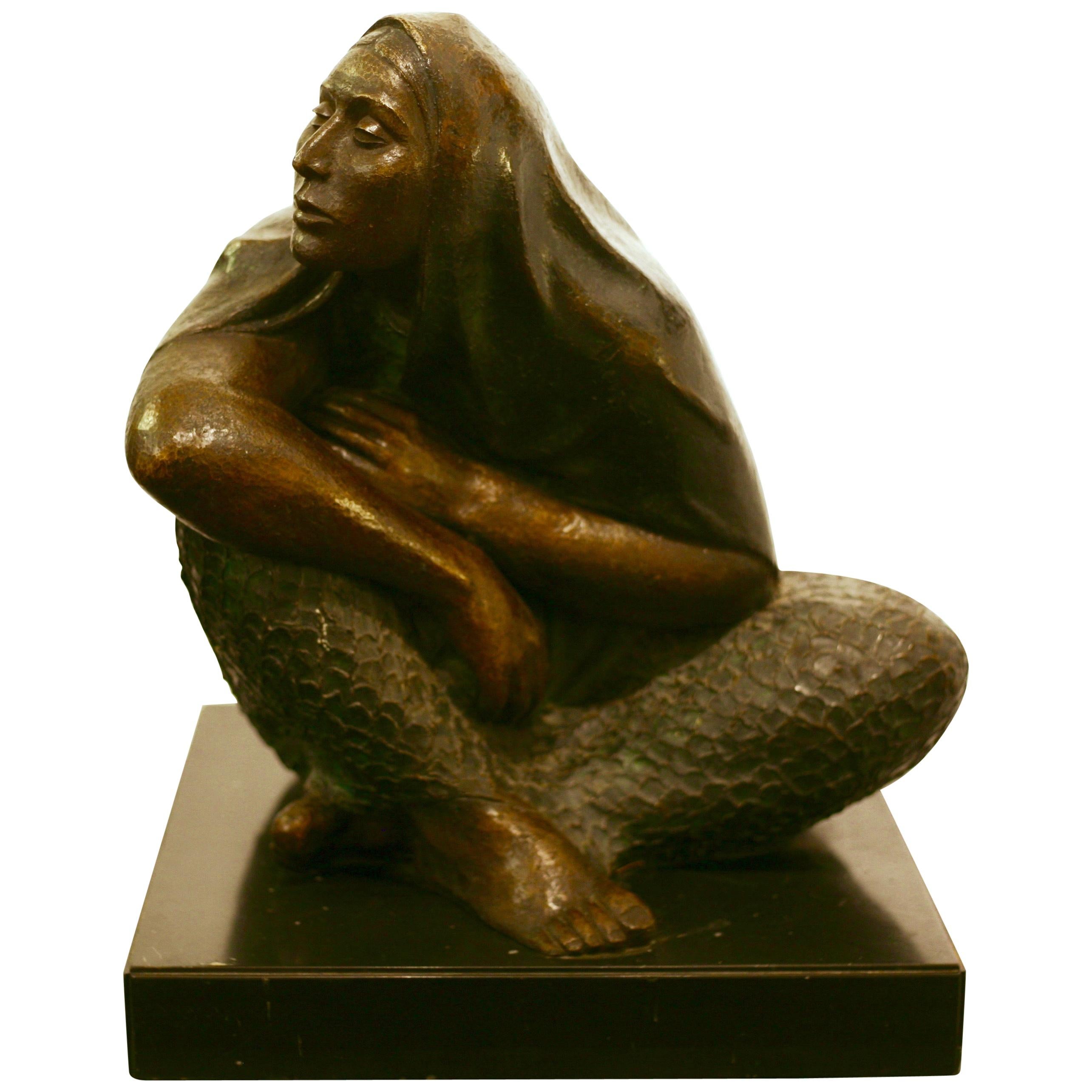 Mexican Woman, Bronze Sculpture by Mexican Artist Victor Hugo Castaneda, 1985 For Sale