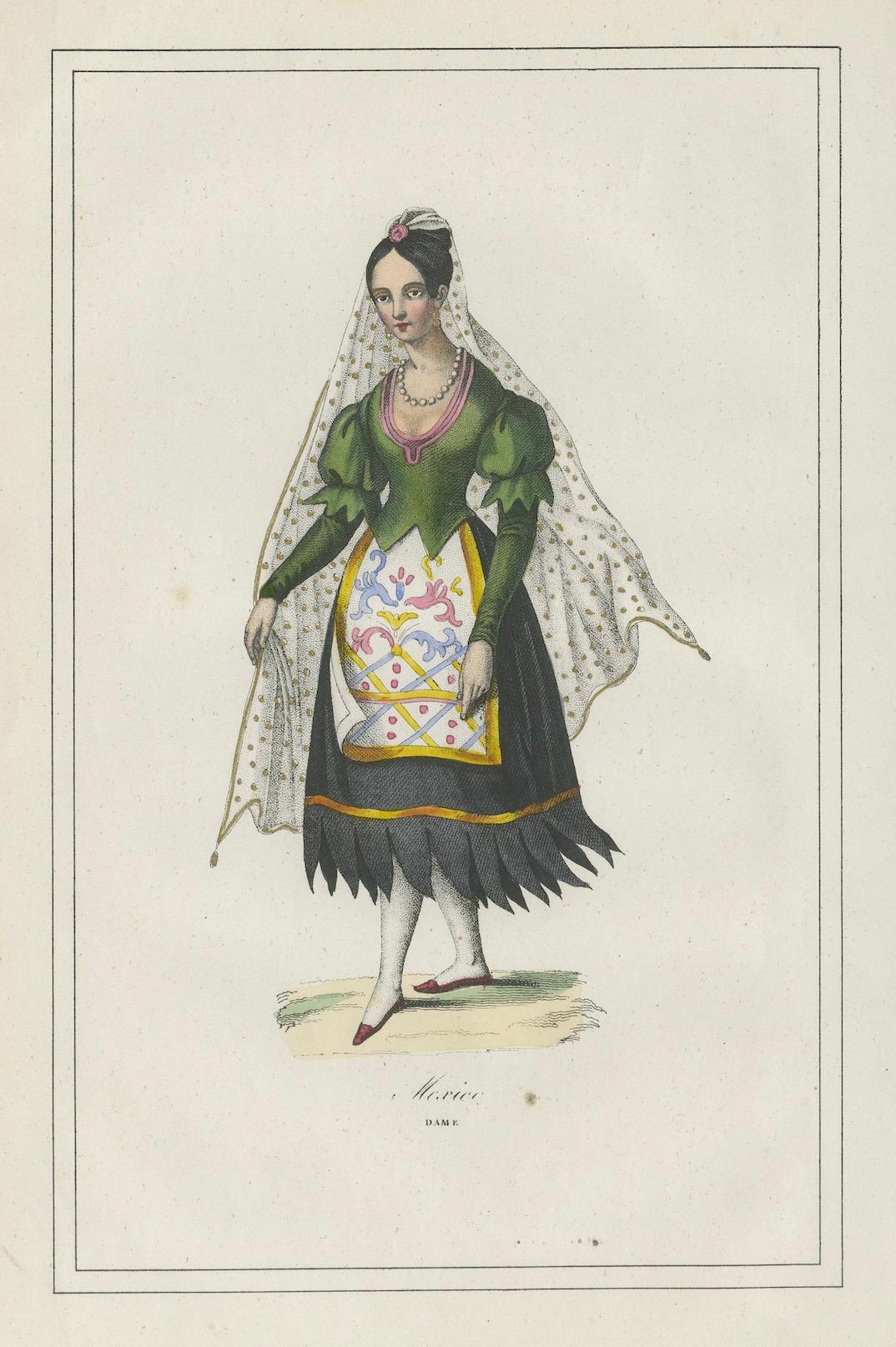 Paper Mexican Woman Costume Print – Antique Hand-Colored Lithograph, 1854 For Sale