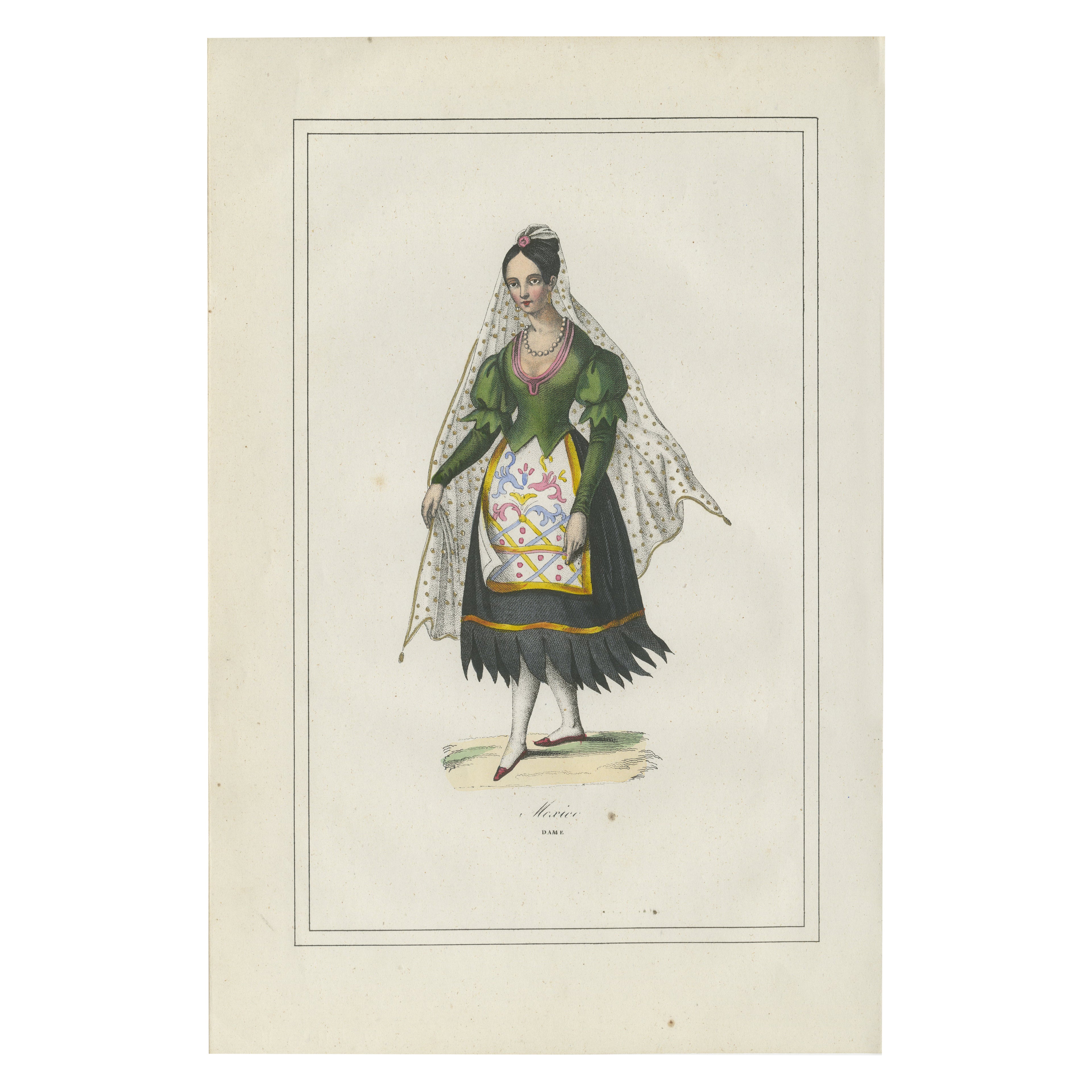 Mexikanische Frau Kostüm Druck - Antike handkolorierte Lithographie, 1854
