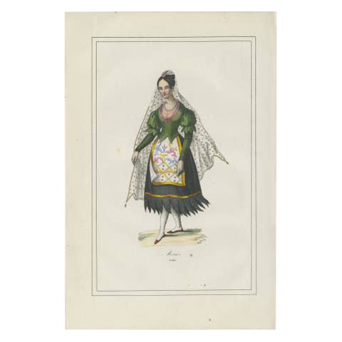Mexican Woman Costume Print – Antique Hand-Colored Lithograph, 1854