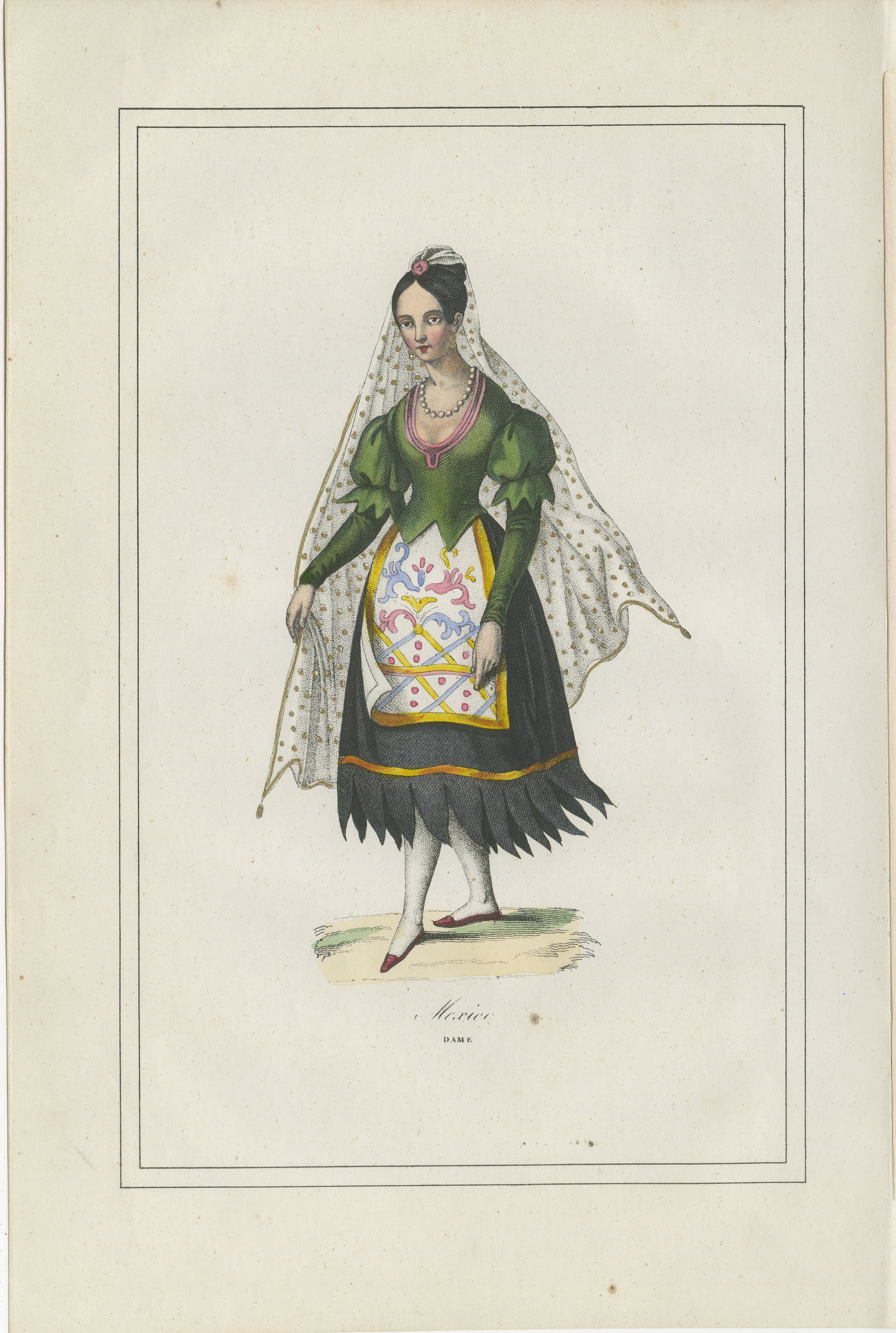 Mexican Woman Costume Print – Antique Hand-Colored Lithograph, 1854