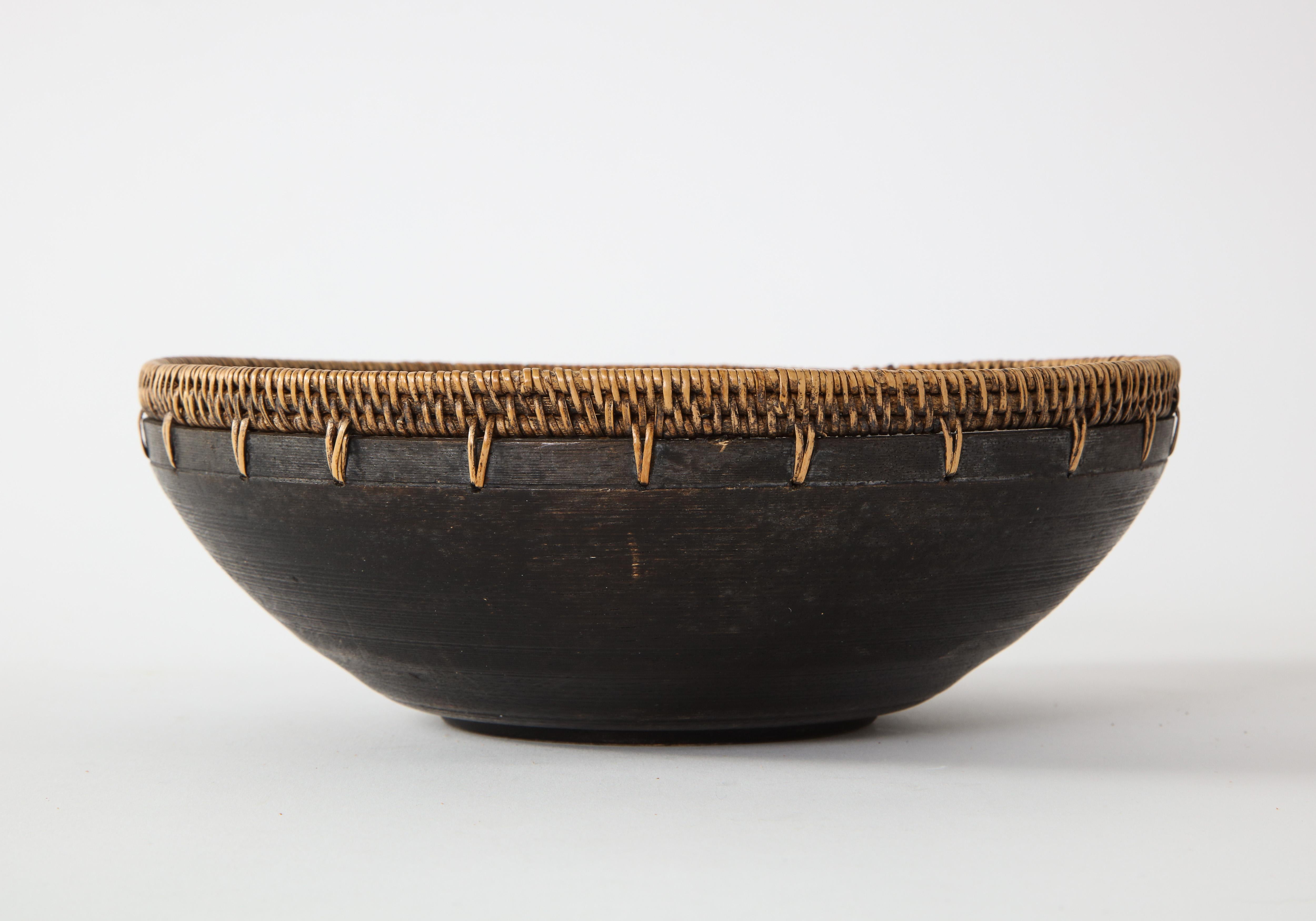 Mexican Wood and Raffia Bowl In Good Condition In Chicago, IL