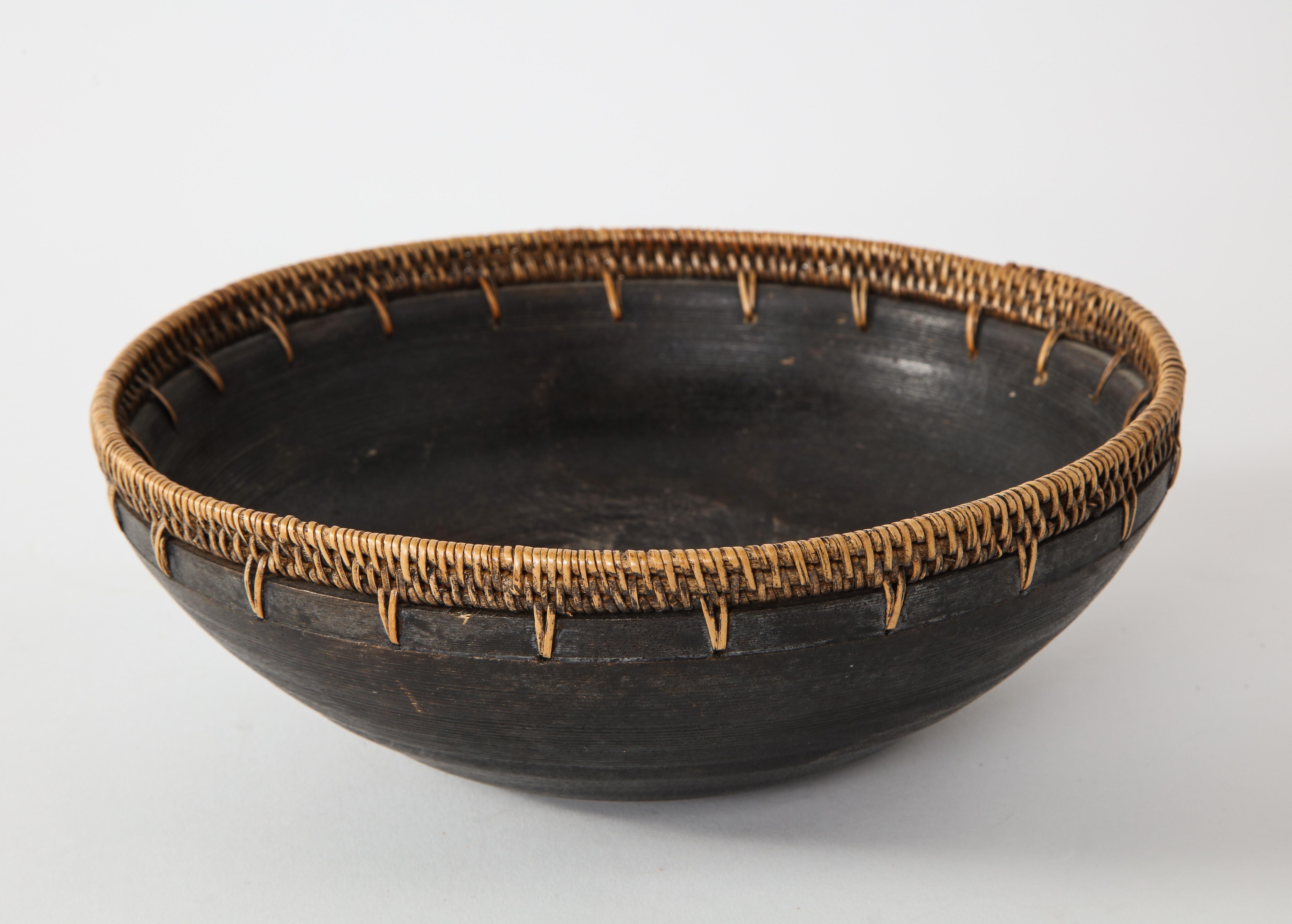 20th Century Mexican Wood and Raffia Bowl