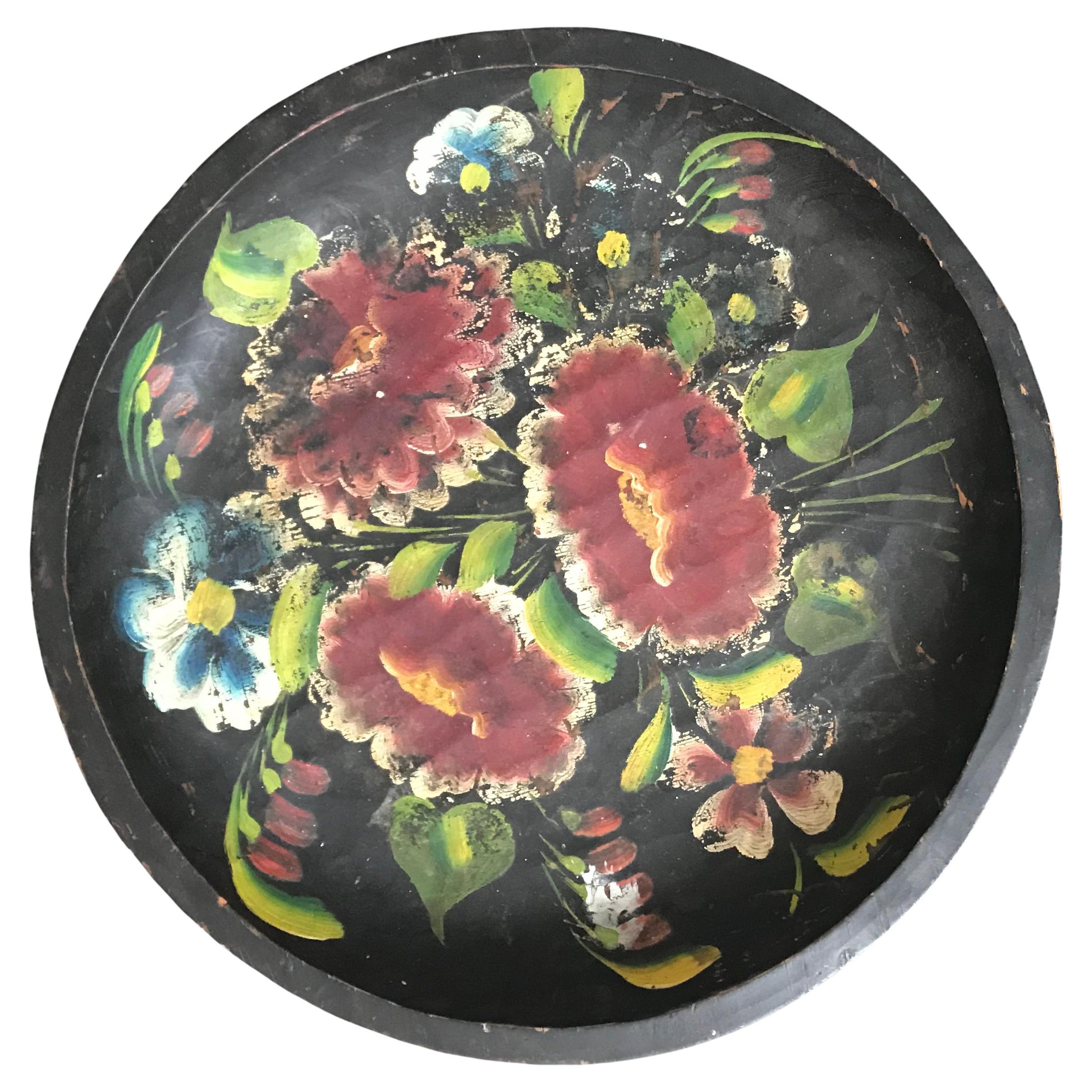 Mexican Wooden Plate with Hand-Painted Floral Design