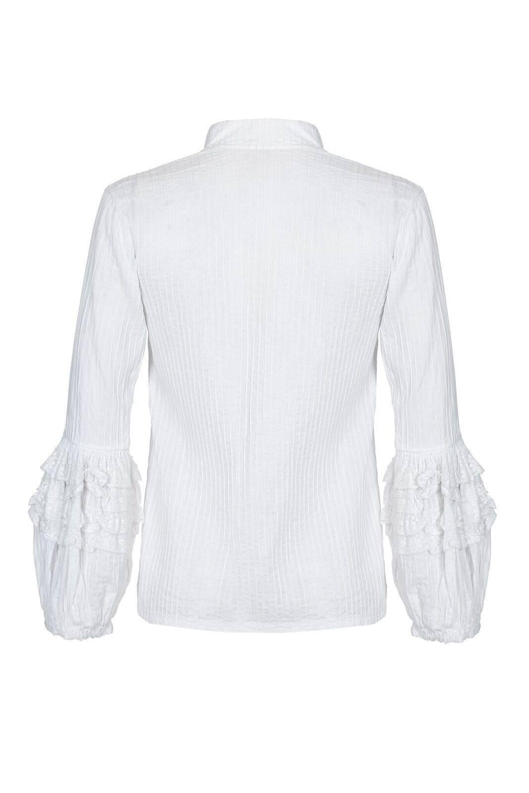 This romantic 1970s white cotton pin-tuck blouse with fantasy lace bubble sleeves is undoubtedly from the legendary Mexicana boutique but now has lost its labels.  Possibly designed by Tachi Castillo, this high quality blouse has a buttonless collar