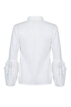 Mexicana:: 1970 - Chemisier en coton blanc à pinces avec manches bulles en dentelle