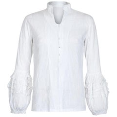 Vintage Mexicana 1970s White Cotton Pin-Tuck Blouse with Lace Bubble Sleeves 