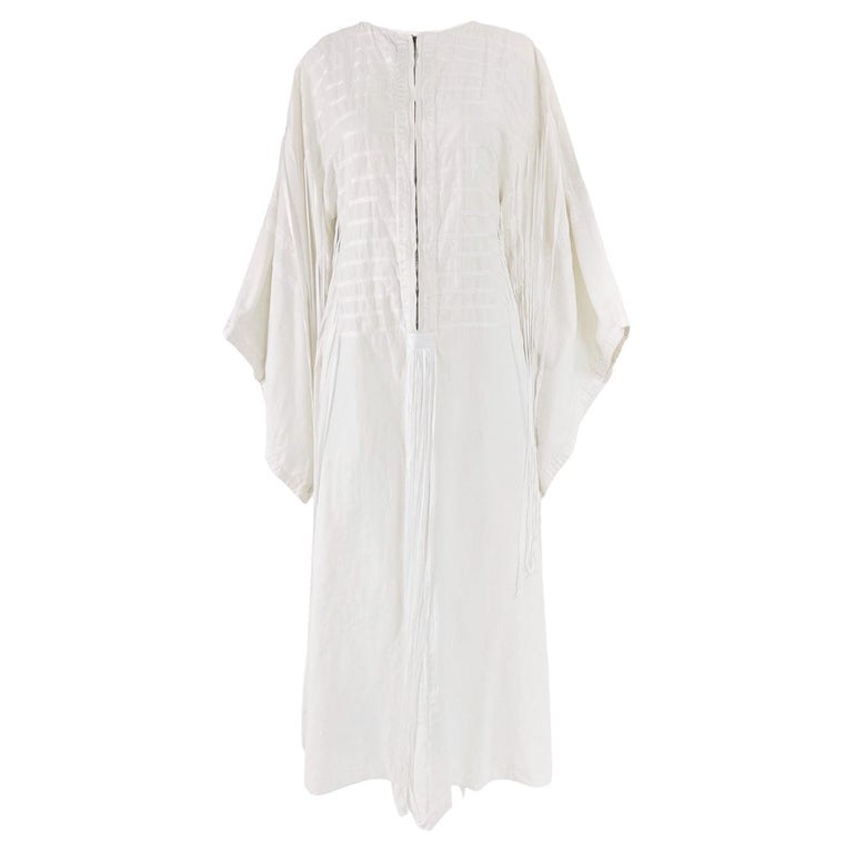 Mexicana Vintage 70s Off White Cotton Fringed Kimono Sleeve Maxi Dress