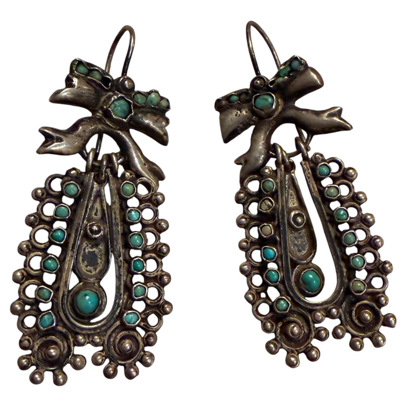 Mexican Dangle Earring Sterling Silver Turquoise Stones Barretto Matilde Poulat