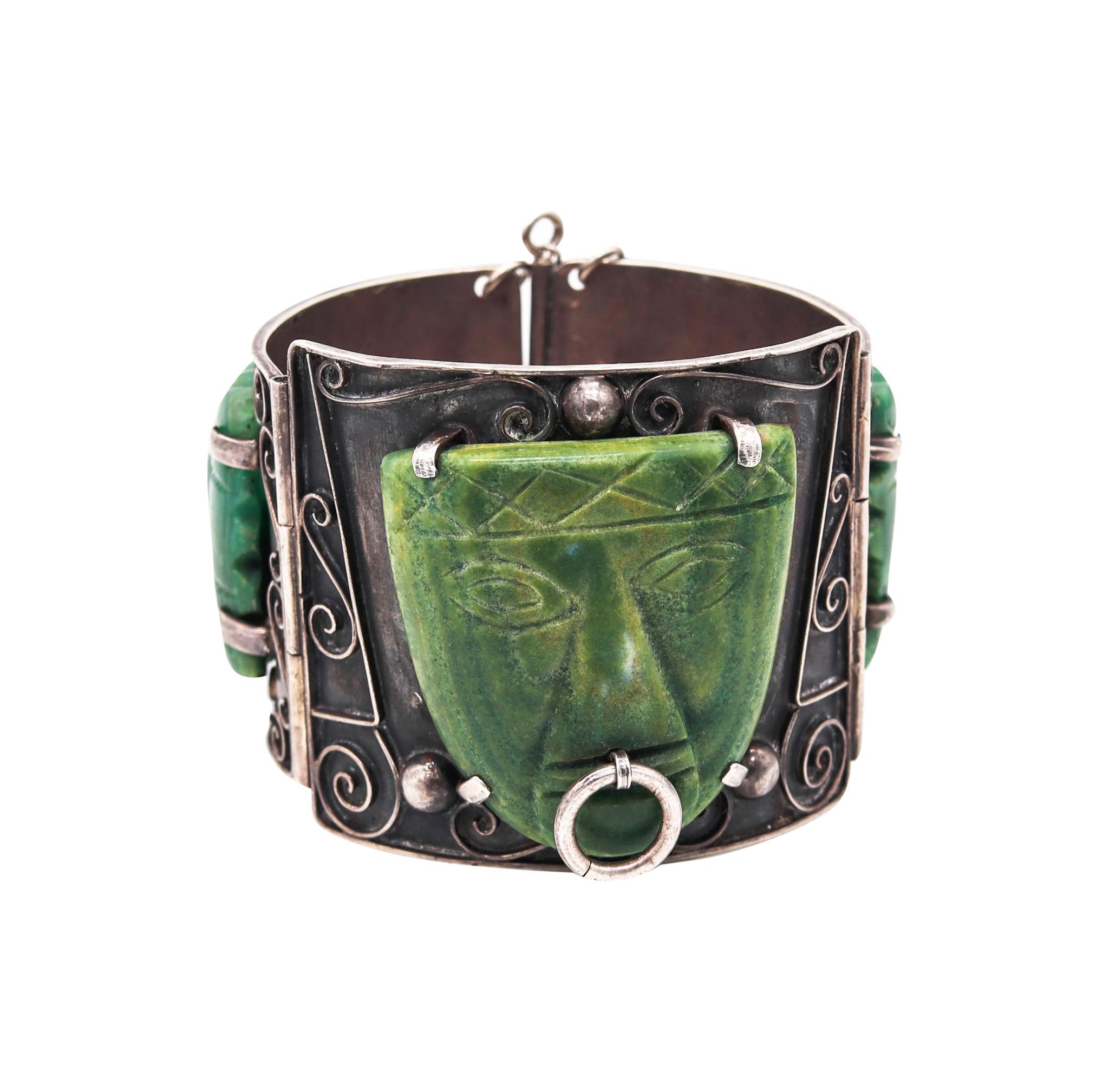 Mexico 1930 Art Deco Early Taxco Bracelet In Solid .980 Silver With Carved Jade 2