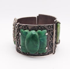 Mexico 1930 Art Deco Early Taxco Bracelet In Solid .980 Silver With Carved Jade