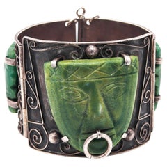 Mexico 1930 Art Deco Early Taxco Bracelet In Solid .980 Silver With Carved Jade