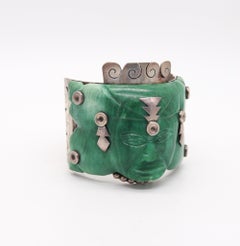 MEXICO 1940 Taxco Artisan Hinge Bracelet In .925 Sterling Silver & Carved Jade