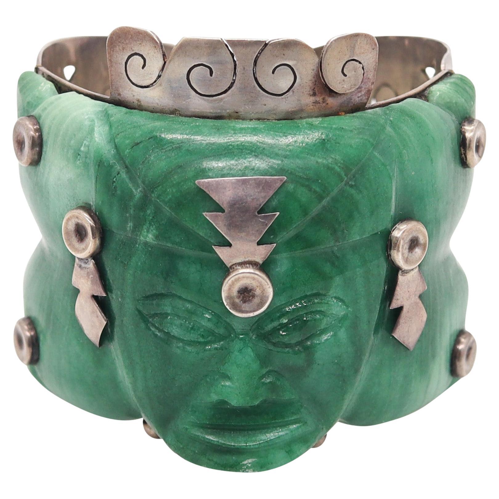 MEXICO 1940 Taxco Artisan Hinge Bracelet In .925 Sterling Silver & Carved Jade
